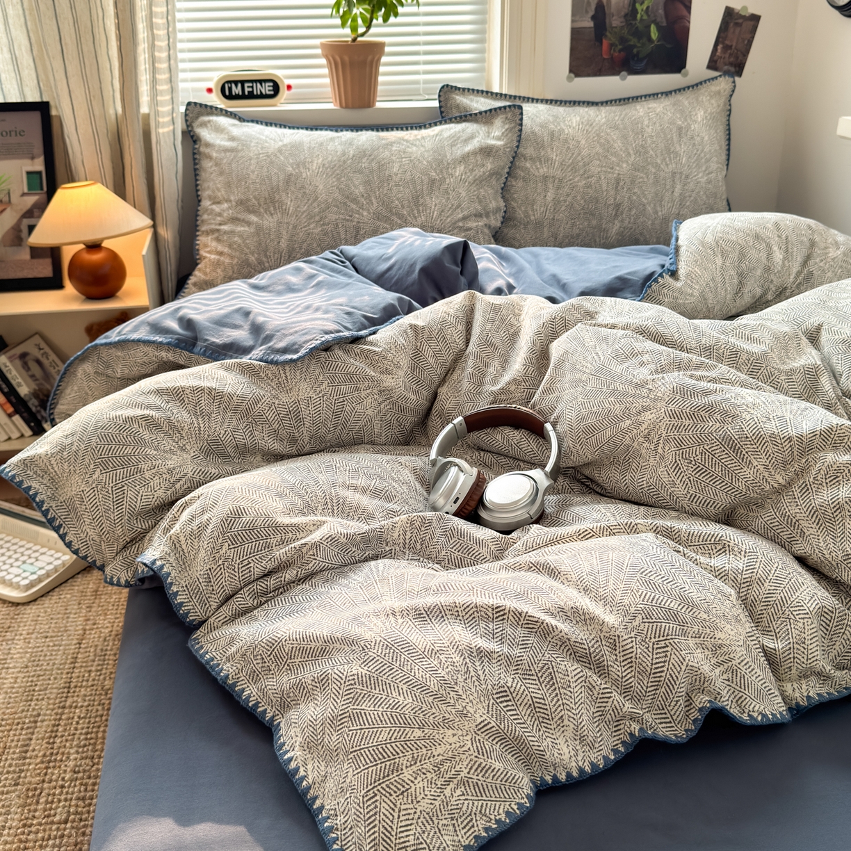 91家纺网 家纺一手货源 找家纺 小叮当家纺仓储工厂店 (买家秀 爆款花型 不断货)2025秋冬新款全棉纯棉加厚磨毛贝壳边工艺款四件套 南音蓝