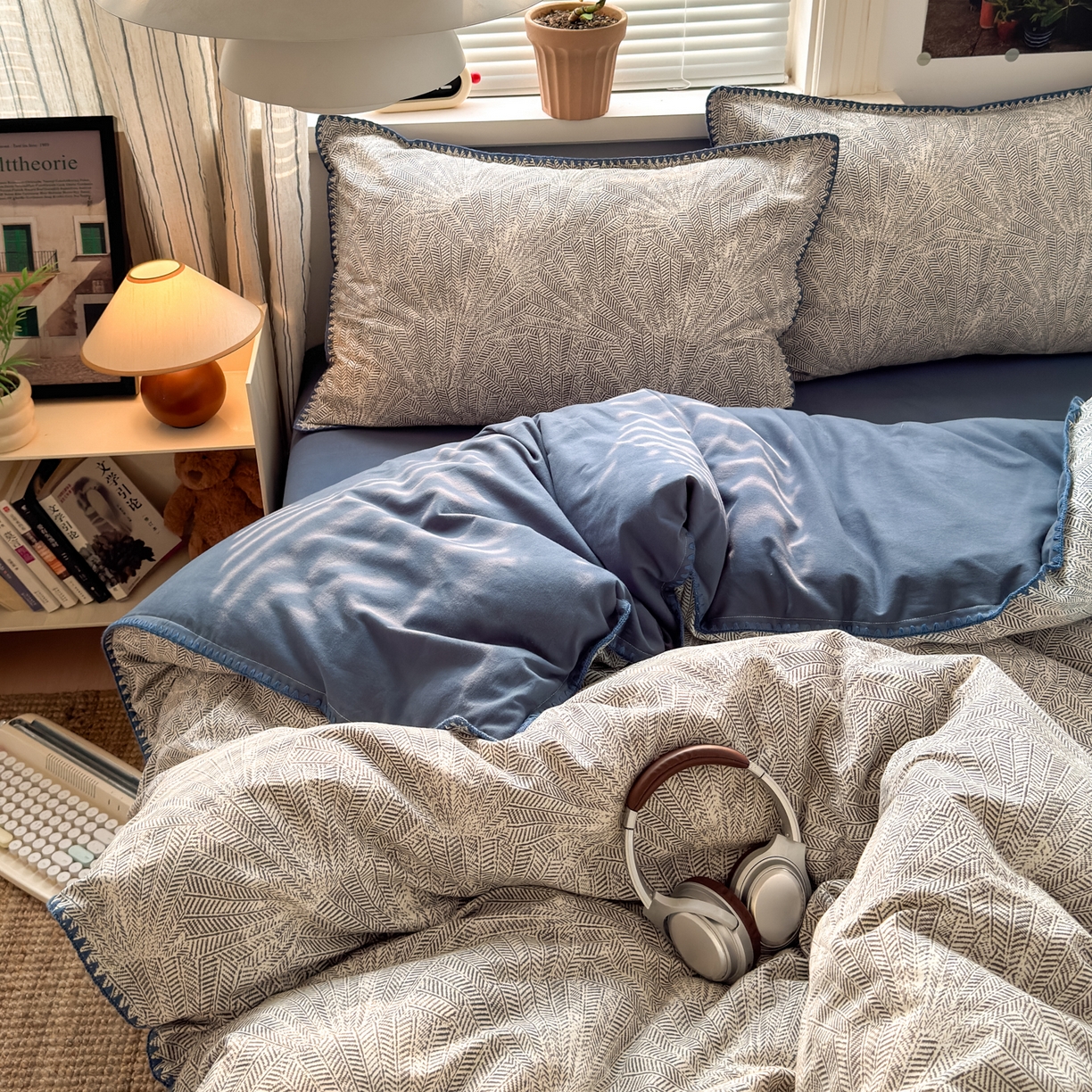 91家纺网 家纺一手货源 找家纺 小叮当家纺仓储工厂店 (买家秀 爆款花型 不断货)2025秋冬新款全棉纯棉加厚磨毛贝壳边工艺款四件套 南音蓝