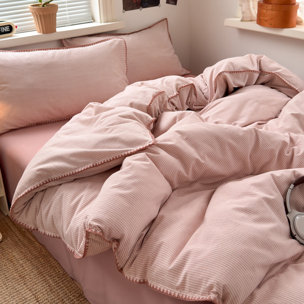 91家纺网 家纺一手货源 找家纺 小叮当家纺仓储工厂店 (买家秀 爆款花型 不断货)2025秋冬新款全棉纯棉加厚磨毛贝壳边工艺款四件套 森系粉