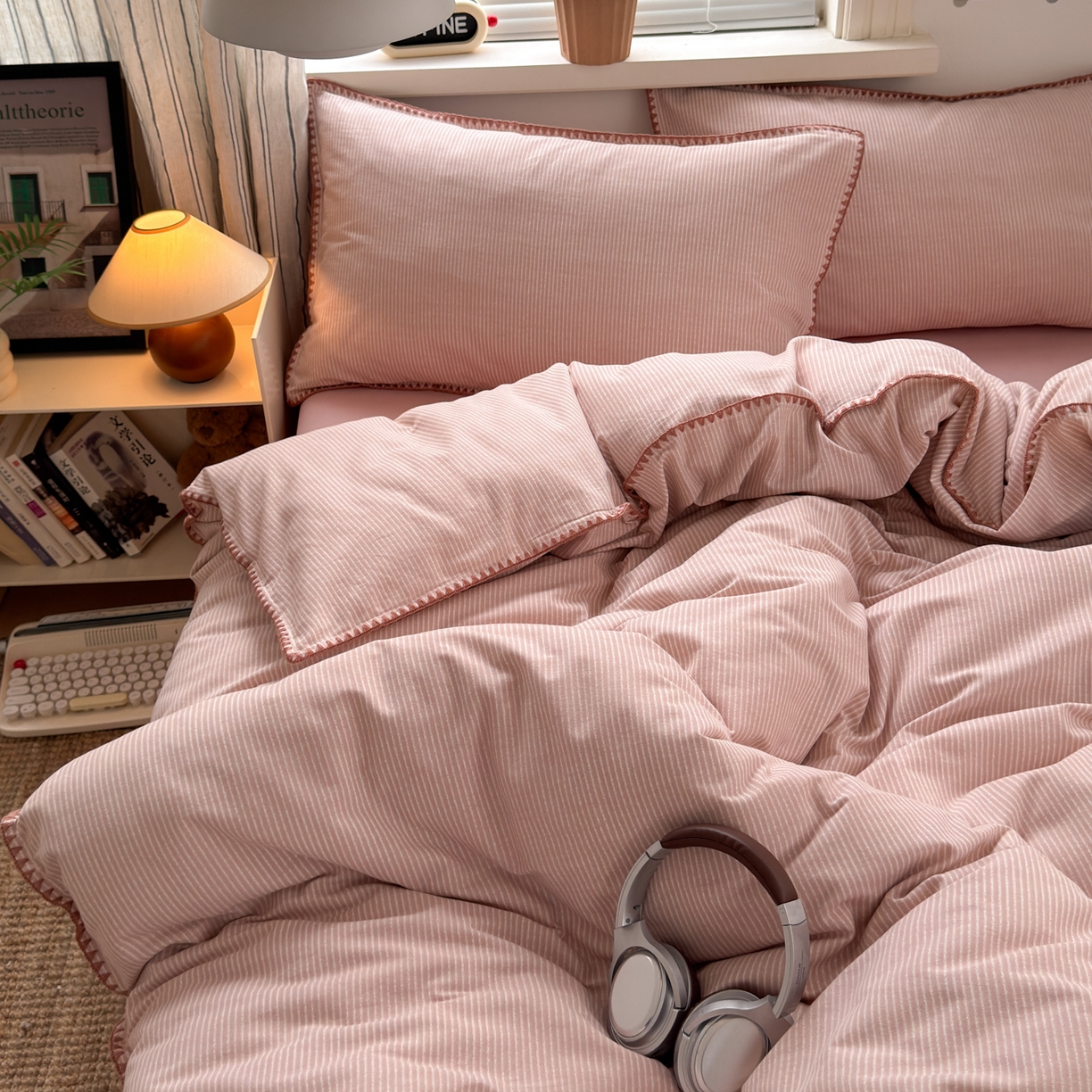 91家纺网 家纺一手货源 找家纺 小叮当家纺仓储工厂店 (买家秀 爆款花型 不断货)2025秋冬新款全棉纯棉加厚磨毛贝壳边工艺款四件套 森系粉