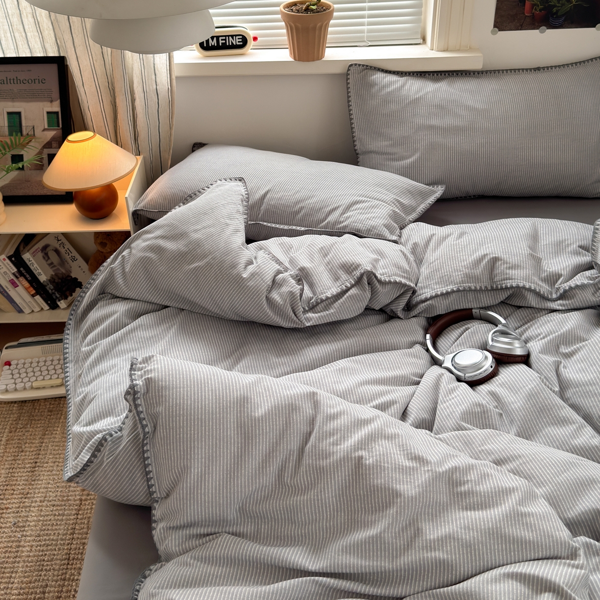 91家纺网 家纺一手货源 找家纺 小叮当家纺仓储工厂店 (买家秀 爆款花型 不断货)2025秋冬新款全棉纯棉加厚磨毛贝壳边工艺款四件套 森系灰