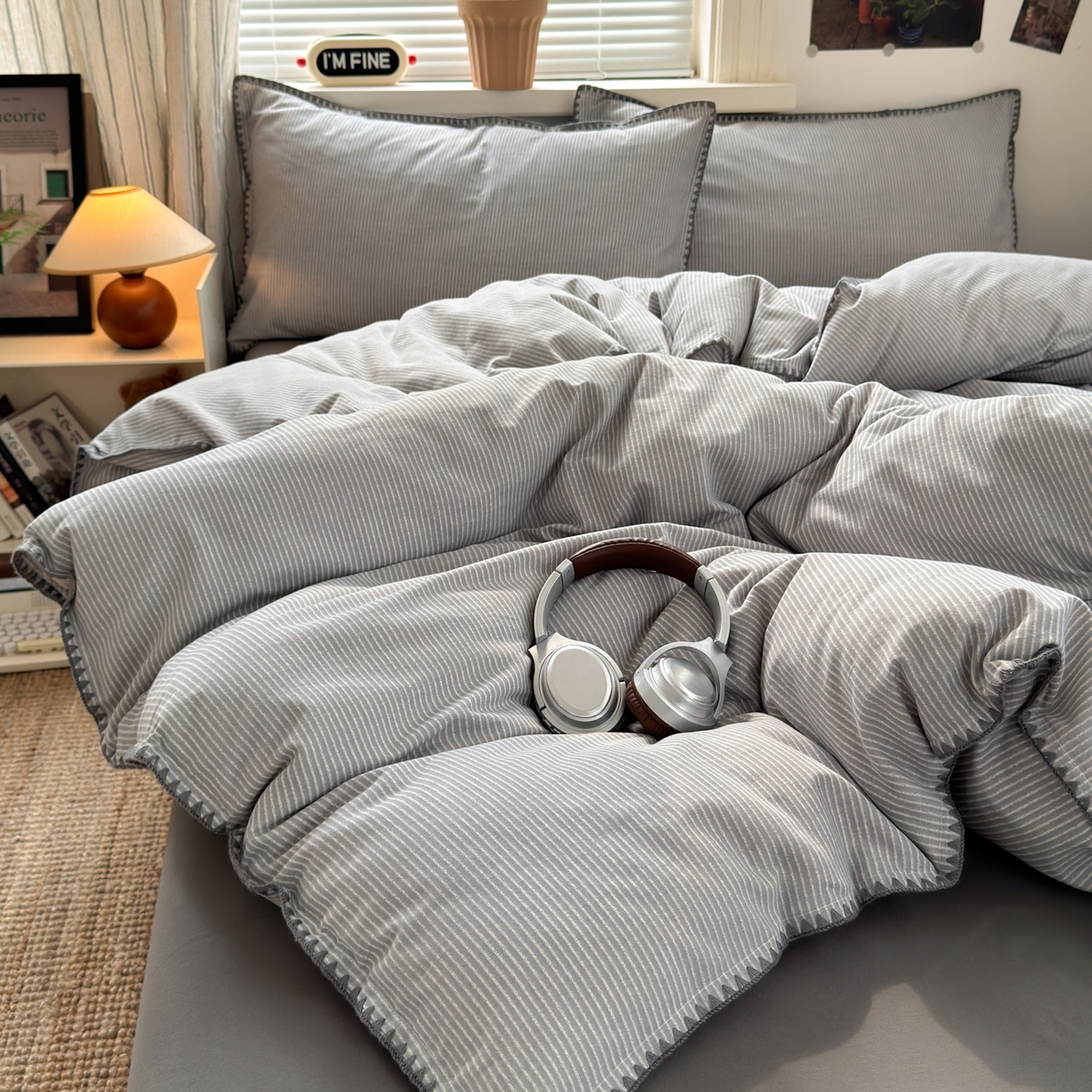 91家纺网 家纺一手货源 找家纺 小叮当家纺仓储工厂店 (买家秀 爆款花型 不断货)2025秋冬新款全棉纯棉加厚磨毛贝壳边工艺款四件套 森系灰