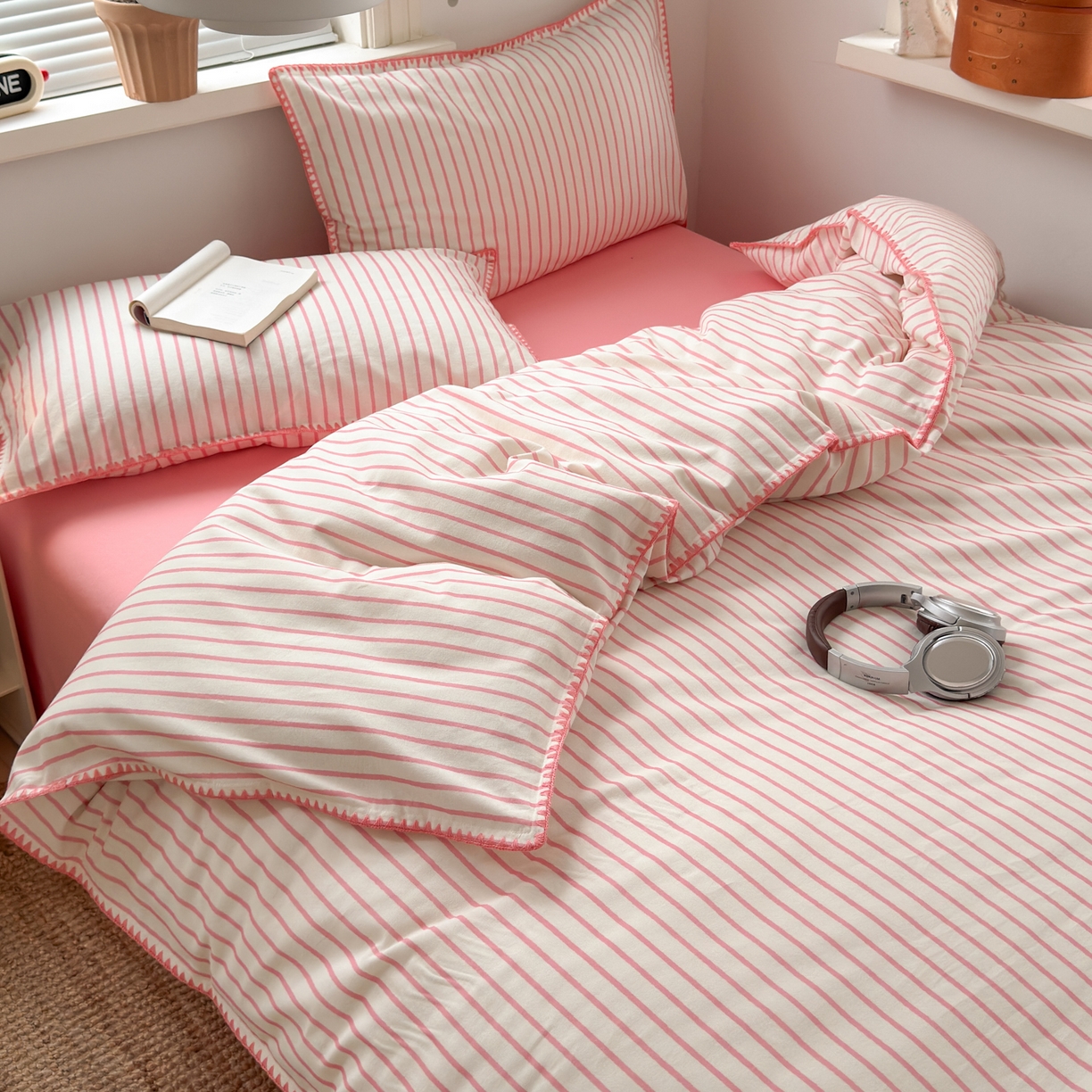 91家纺网 家纺一手货源 找家纺 小叮当家纺仓储工厂店 (买家秀 爆款花型 不断货)2025秋冬新款全棉纯棉加厚磨毛贝壳边工艺款四件套 星辰粉