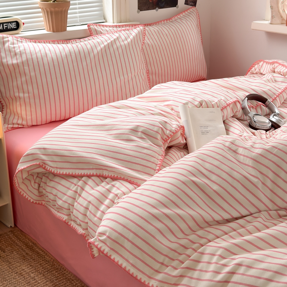 91家纺网 家纺一手货源 找家纺 小叮当家纺仓储工厂店 (买家秀 爆款花型 不断货)2025秋冬新款全棉纯棉加厚磨毛贝壳边工艺款四件套 星辰粉