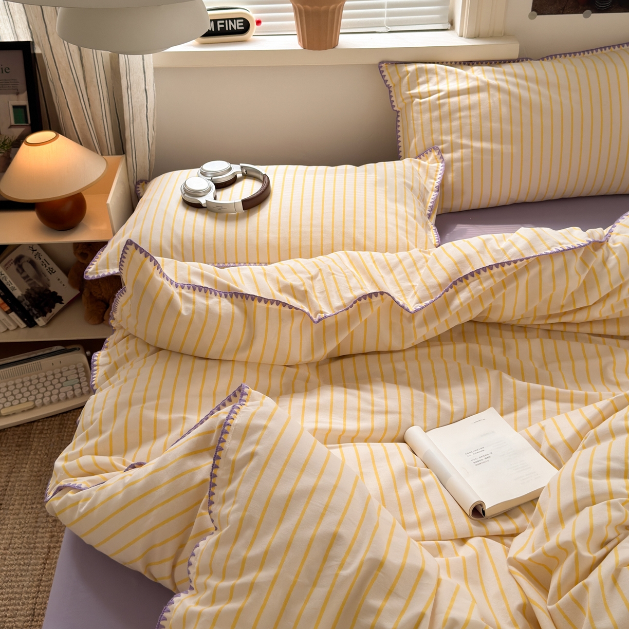 91家纺网 家纺一手货源 找家纺 小叮当家纺仓储工厂店 (买家秀 爆款花型 不断货)2025秋冬新款全棉纯棉加厚磨毛贝壳边工艺款四件套 星辰黄