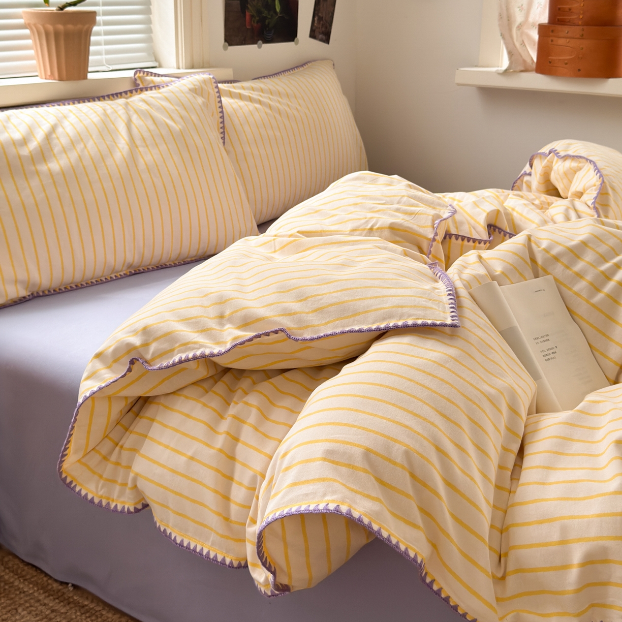 91家纺网 家纺一手货源 找家纺 小叮当家纺仓储工厂店 (买家秀 爆款花型 不断货)2025秋冬新款全棉纯棉加厚磨毛贝壳边工艺款四件套 星辰黄