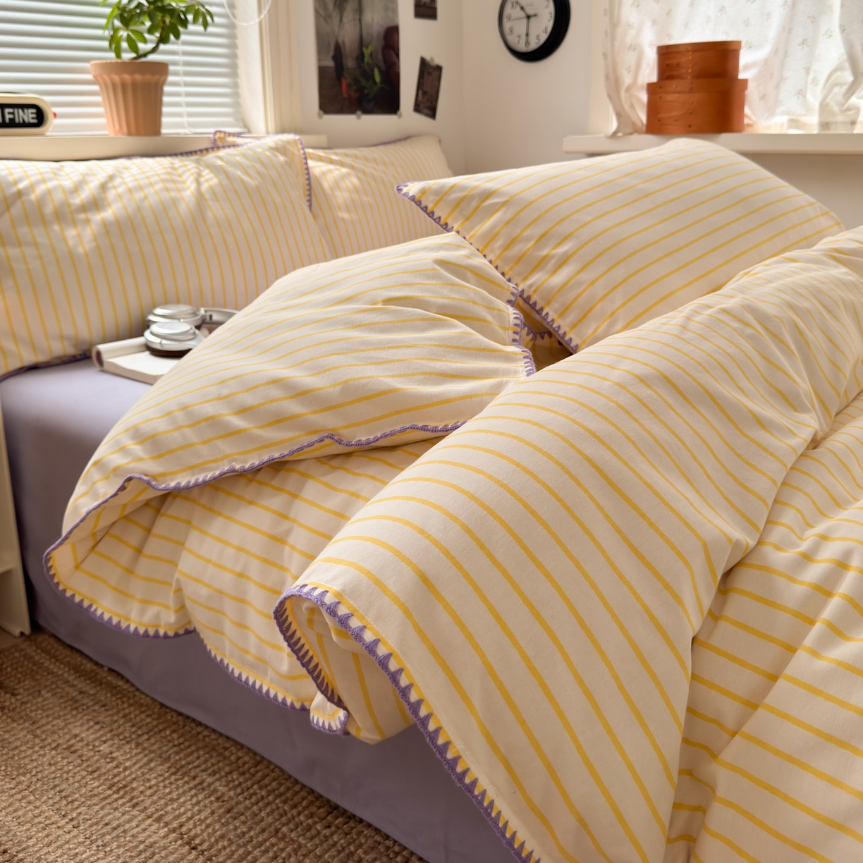 91家纺网 家纺一手货源 找家纺 小叮当家纺仓储工厂店 (买家秀 爆款花型 不断货)2025秋冬新款全棉纯棉加厚磨毛贝壳边工艺款四件套 星辰黄