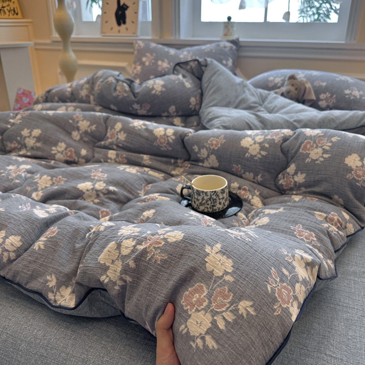 91家纺网 家纺一手货源 找家纺 尊妙被业 2025新款复古双层纱大豆被冬被被子被芯 晴云