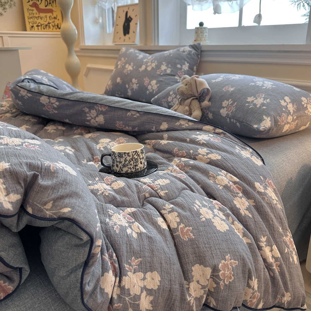 91家纺网 家纺一手货源 找家纺 尊妙被业 2025新款复古双层纱大豆被冬被被子被芯 晴云