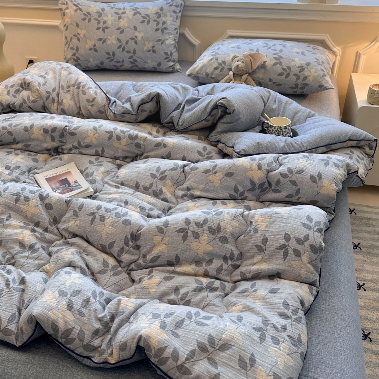 91家纺网 家纺一手货源 找家纺 尊妙被业 2025新款复古双层纱大豆被冬被被子被芯 秋叶