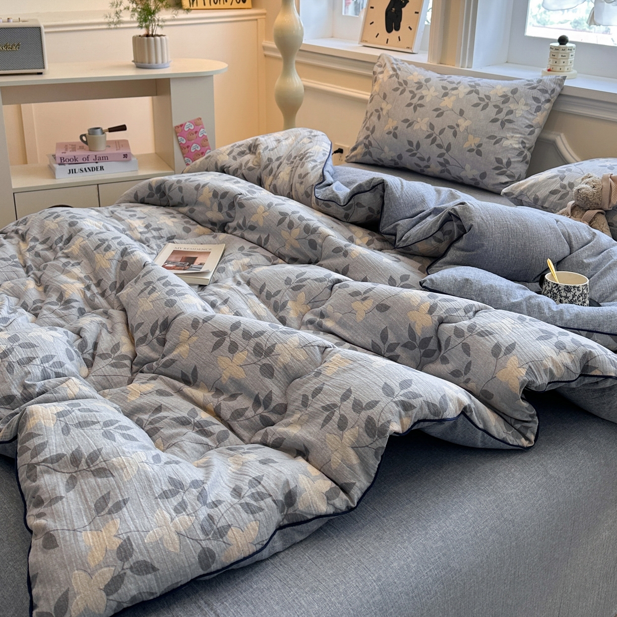 91家纺网 家纺一手货源 找家纺 尊妙被业 2025新款复古双层纱大豆被冬被被子被芯 秋叶