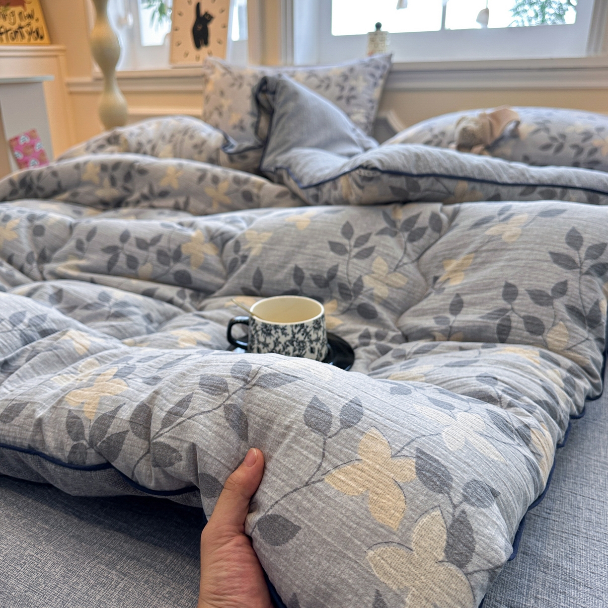 91家纺网 家纺一手货源 找家纺 尊妙被业 2025新款复古双层纱大豆被冬被被子被芯 秋叶