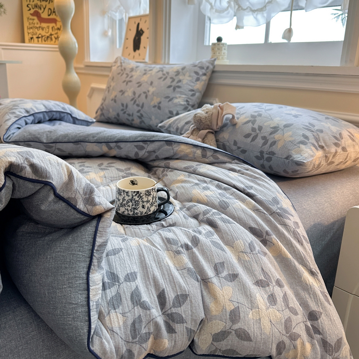 91家纺网 家纺一手货源 找家纺 尊妙被业 2025新款复古双层纱大豆被冬被被子被芯 秋叶