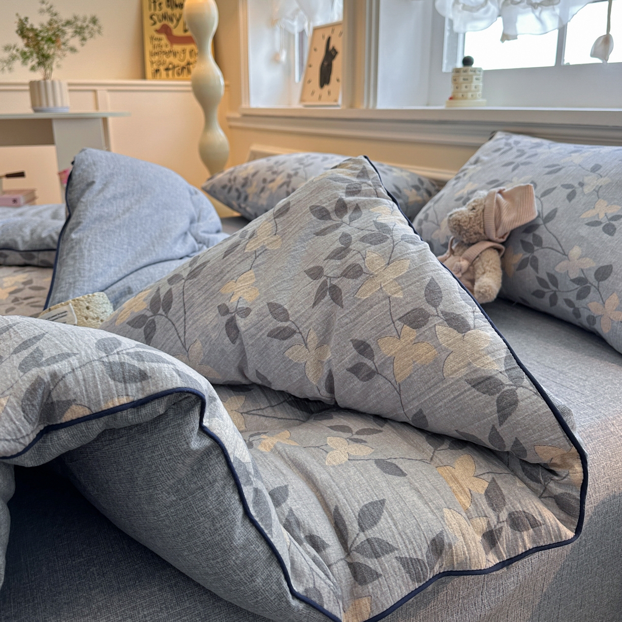 91家纺网 家纺一手货源 找家纺 尊妙被业 2025新款复古双层纱大豆被冬被被子被芯 秋叶