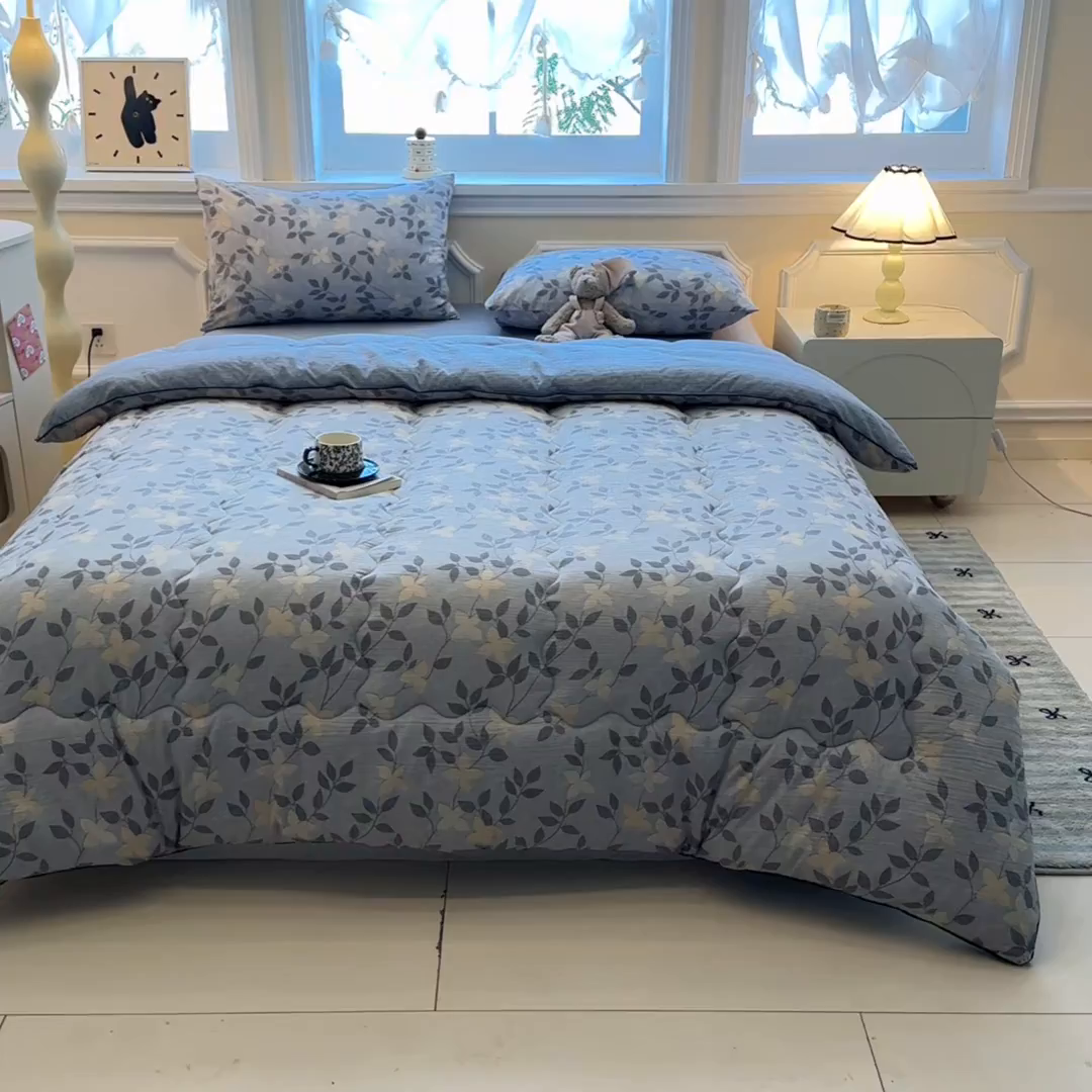 91家纺网 家纺一手货源 找家纺 尊妙被业 2025新款复古双层纱大豆被冬被被子被芯 秋叶