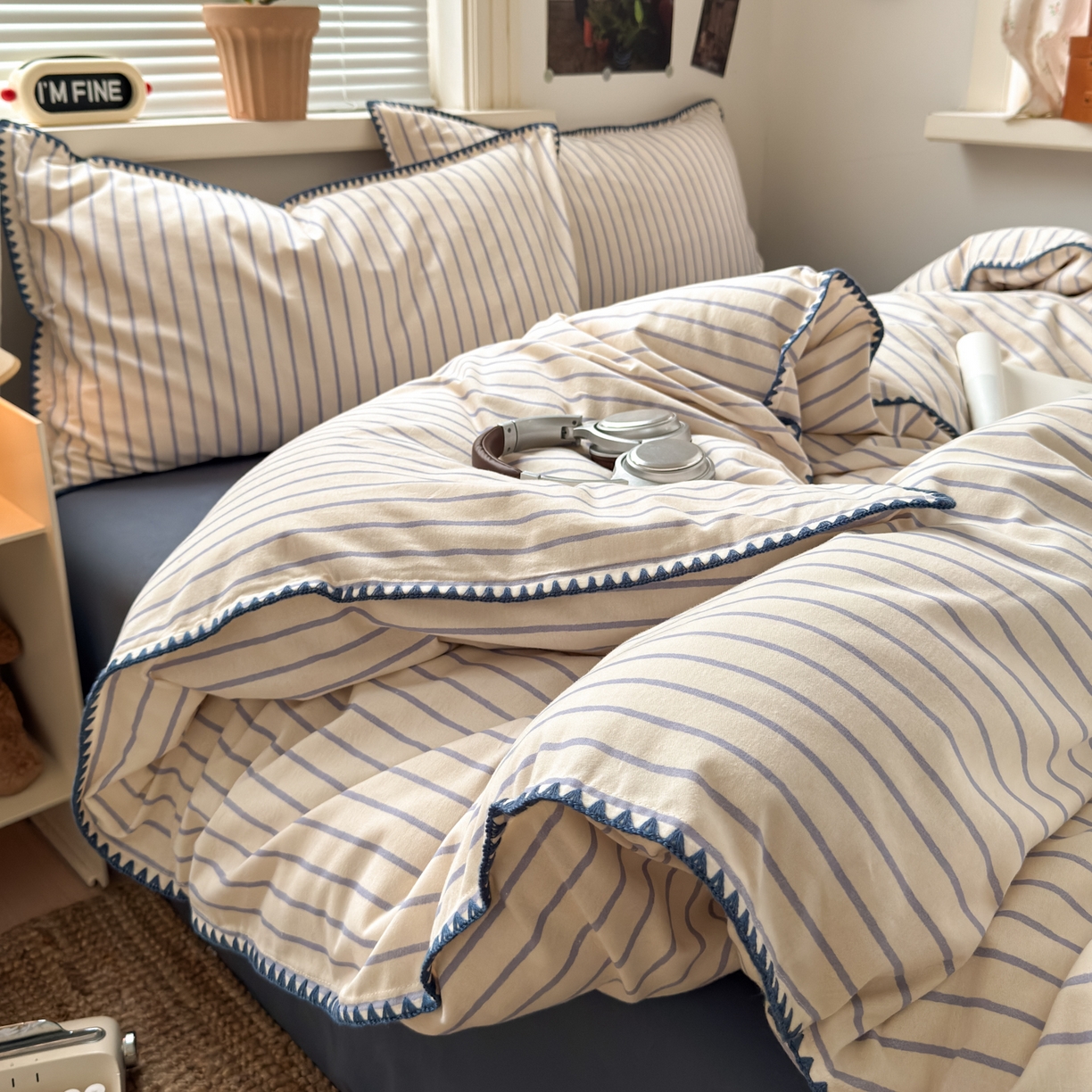 91家纺网 家纺一手货源 找家纺 小叮当家纺仓储工厂店 (买家秀 爆款花型 不断货)2025秋冬新款全棉纯棉加厚磨毛贝壳边工艺款四件套 星辰蓝