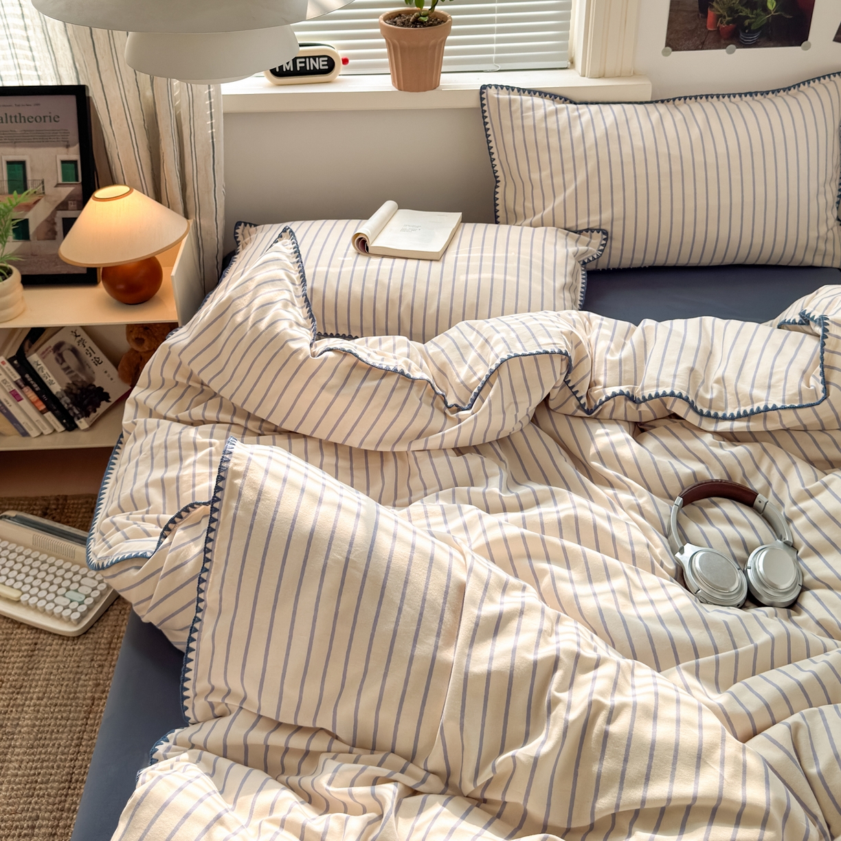 91家纺网 家纺一手货源 找家纺 小叮当家纺仓储工厂店 (买家秀 爆款花型 不断货)2025秋冬新款全棉纯棉加厚磨毛贝壳边工艺款四件套 星辰蓝