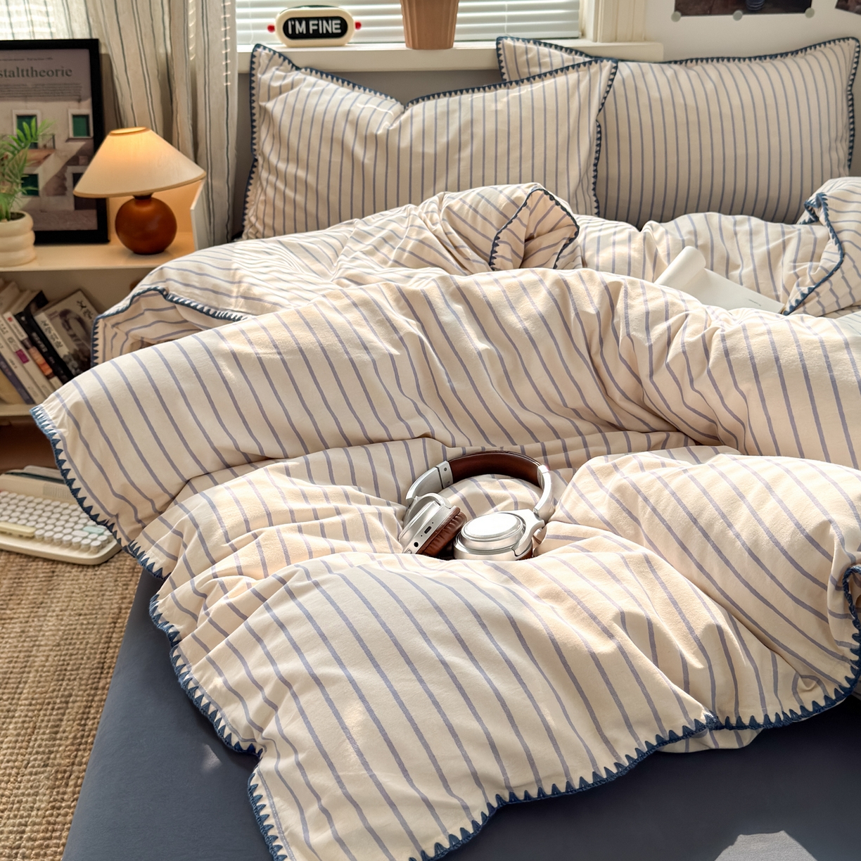 91家纺网 家纺一手货源 找家纺 小叮当家纺仓储工厂店 (买家秀 爆款花型 不断货)2025秋冬新款全棉纯棉加厚磨毛贝壳边工艺款四件套 星辰蓝