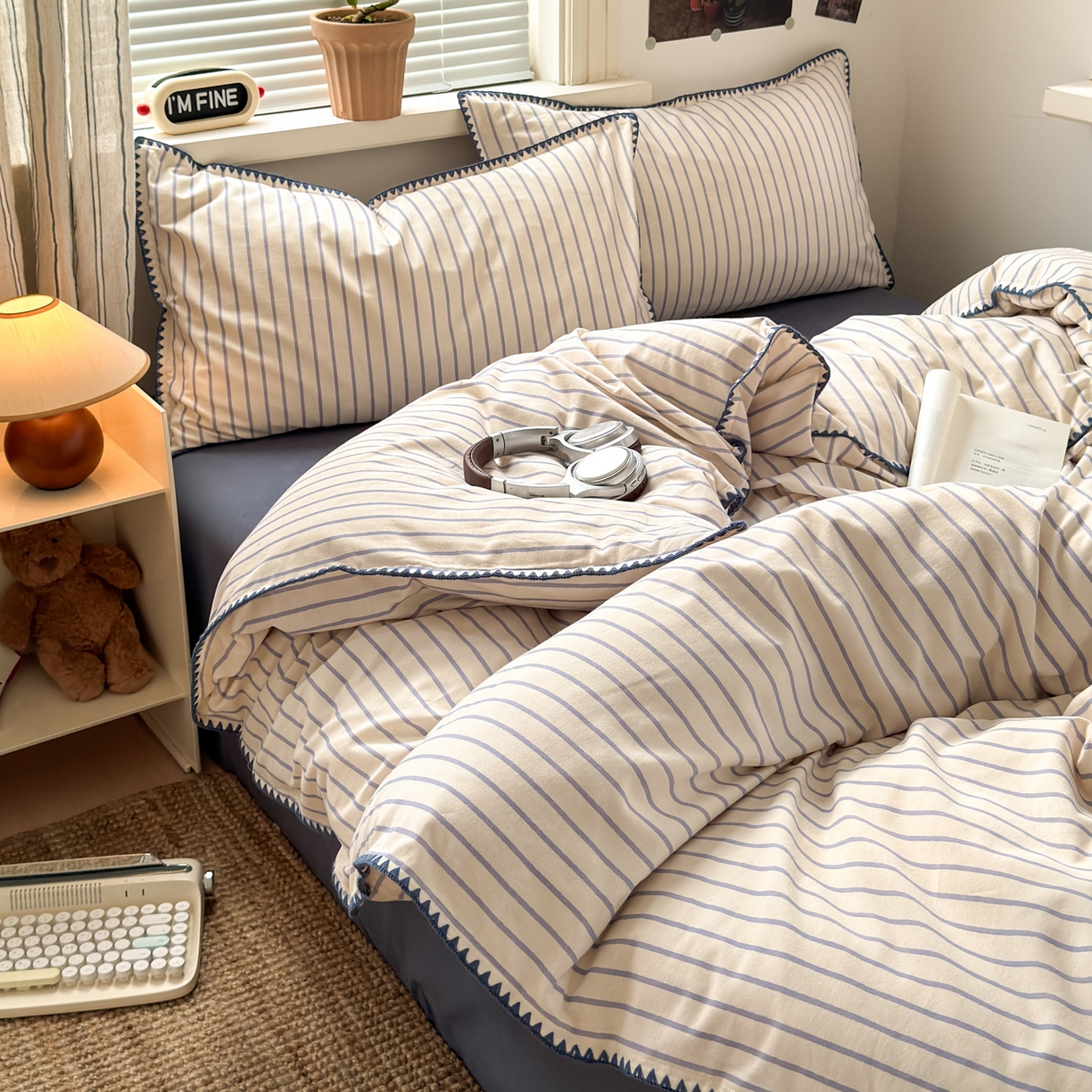 91家纺网 家纺一手货源 找家纺 小叮当家纺仓储工厂店 (买家秀 爆款花型 不断货)2025秋冬新款全棉纯棉加厚磨毛贝壳边工艺款四件套 星辰蓝