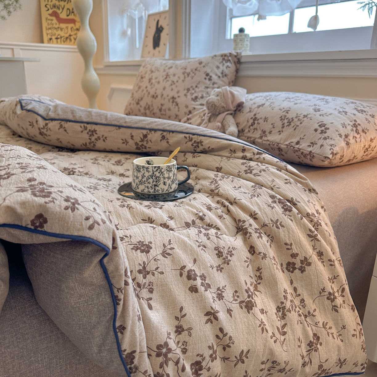 91家纺网 家纺一手货源 找家纺 尊妙被业 2025新款复古双层纱大豆被冬被被子被芯 幽影