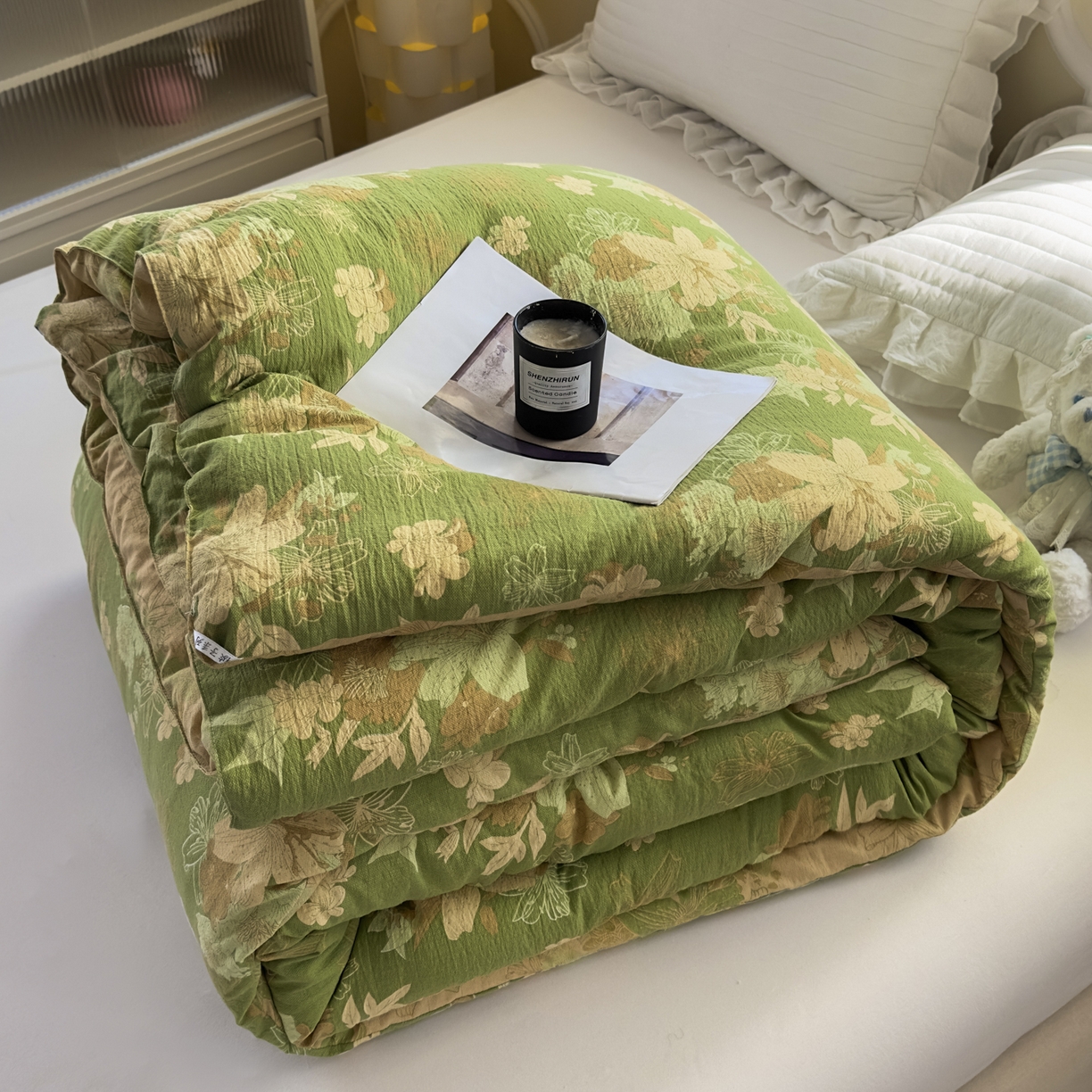 91家纺网 家纺一手货源 找家纺 尊妙被业 2025新款色织双层大豆被冬被被子被芯 叠锦-绿