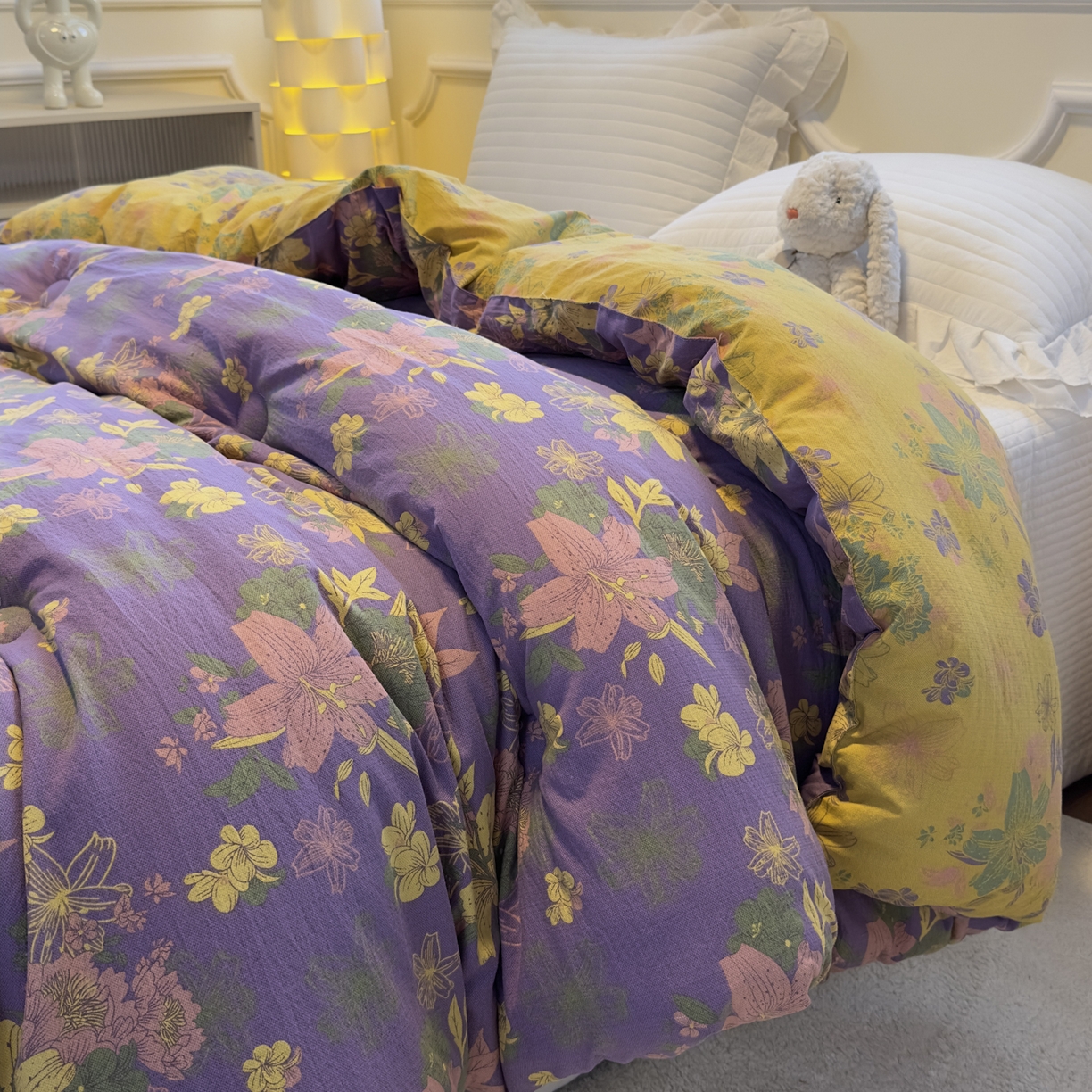 91家纺网 家纺一手货源 找家纺 尊妙被业 2025新款色织双层大豆被冬被被子被芯 叠锦-紫