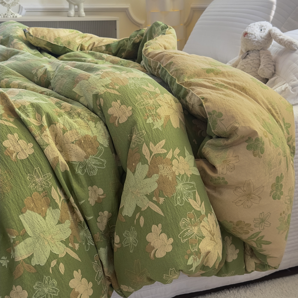 91家纺网 家纺一手货源 找家纺 尊妙被业 2025新款色织双层大豆被冬被被子被芯 叠锦-绿