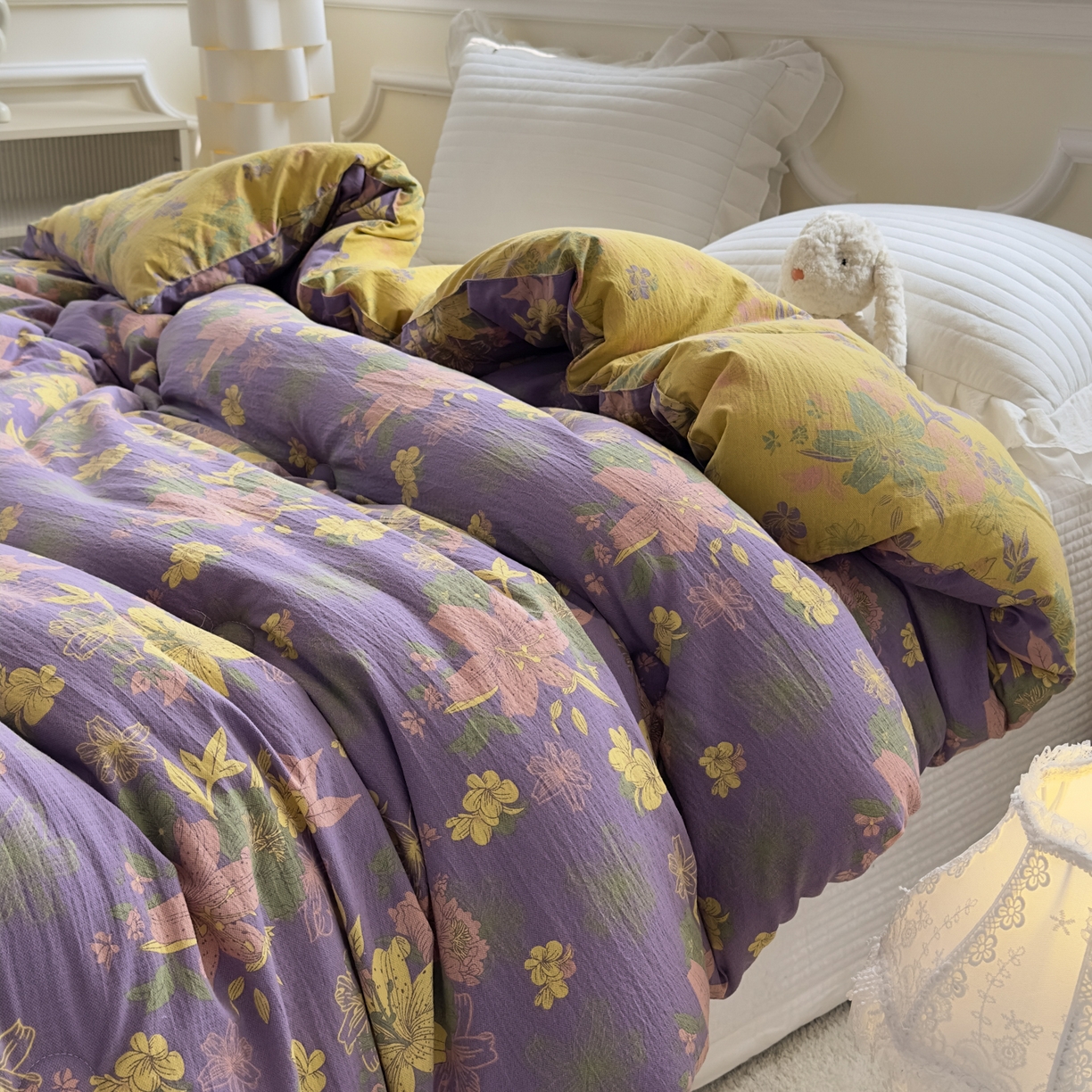 91家纺网 家纺一手货源 找家纺 尊妙被业 2025新款色织双层大豆被冬被被子被芯 叠锦-紫