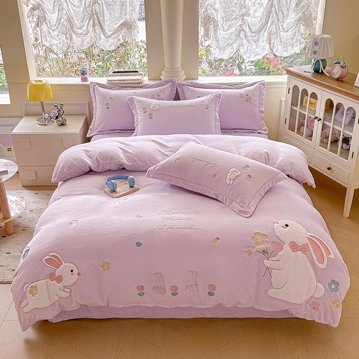 金绣美居 2025新款牛奶绒毛绒贴布绣花保暖四件套-森系小兔 森系小兔-紫色