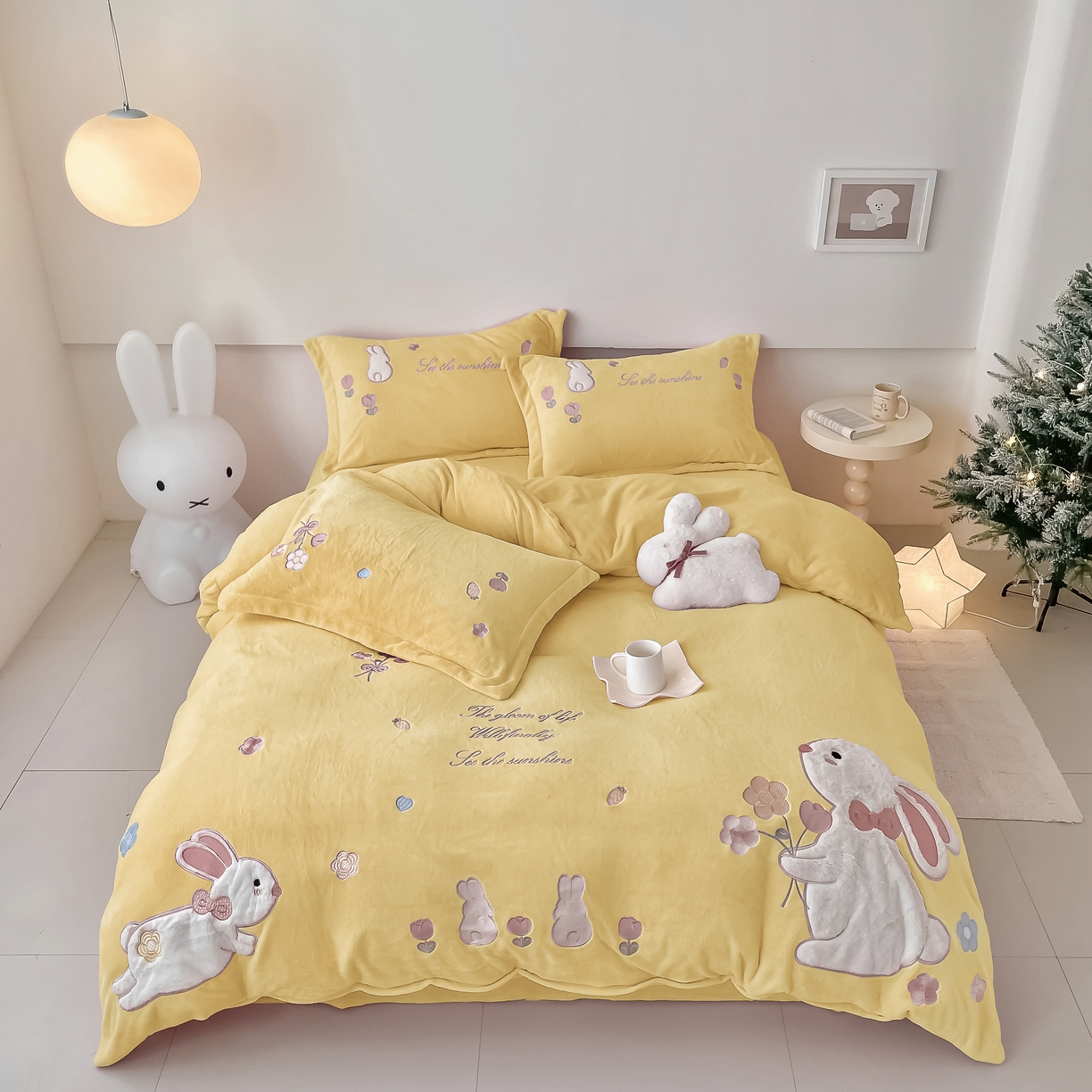 金绣美居 2025新款牛奶绒毛绒贴布绣花保暖四件套-森系小兔 森系小兔-杏黄