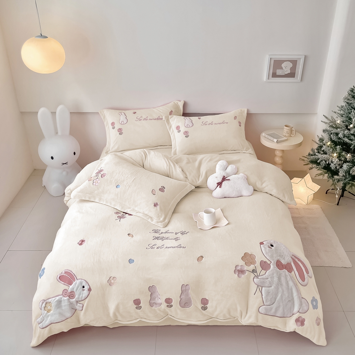 金绣美居 2025新款牛奶绒毛绒贴布绣花保暖四件套-森系小兔 森系小兔-米色