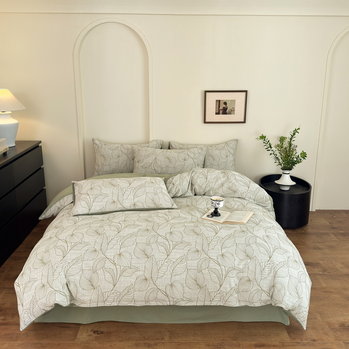 91家纺网 家纺一手货源 找家纺 小叮当家纺仓储工厂店 (买家秀 爆款花型 不断货)2025新款A类全棉纯棉加厚磨毛双层纱色织提花四件套 春亦果绿