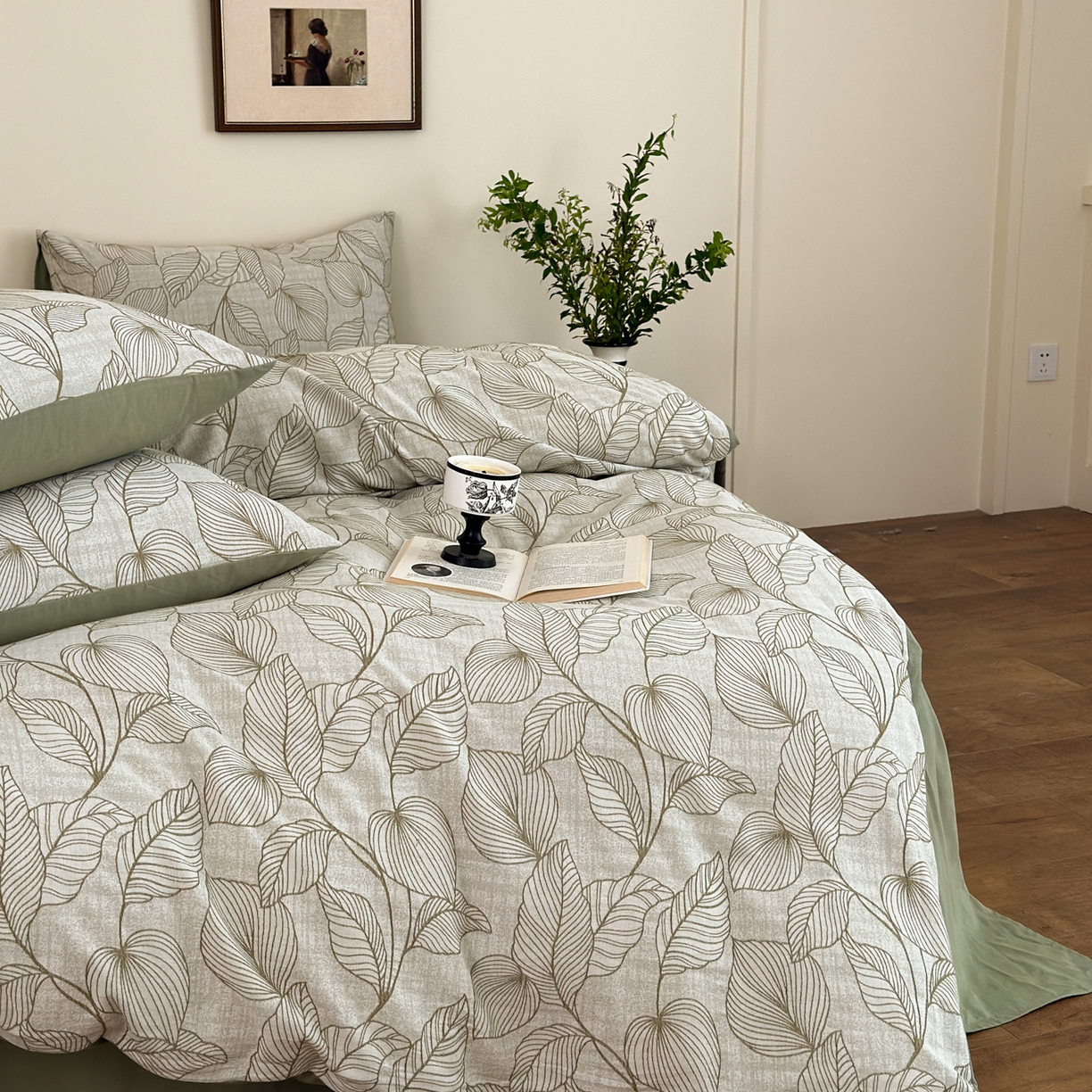 91家纺网 家纺一手货源 找家纺 小叮当家纺仓储工厂店 (买家秀 爆款花型 不断货)2025新款A类全棉纯棉加厚磨毛双层纱色织提花四件套 春亦果绿