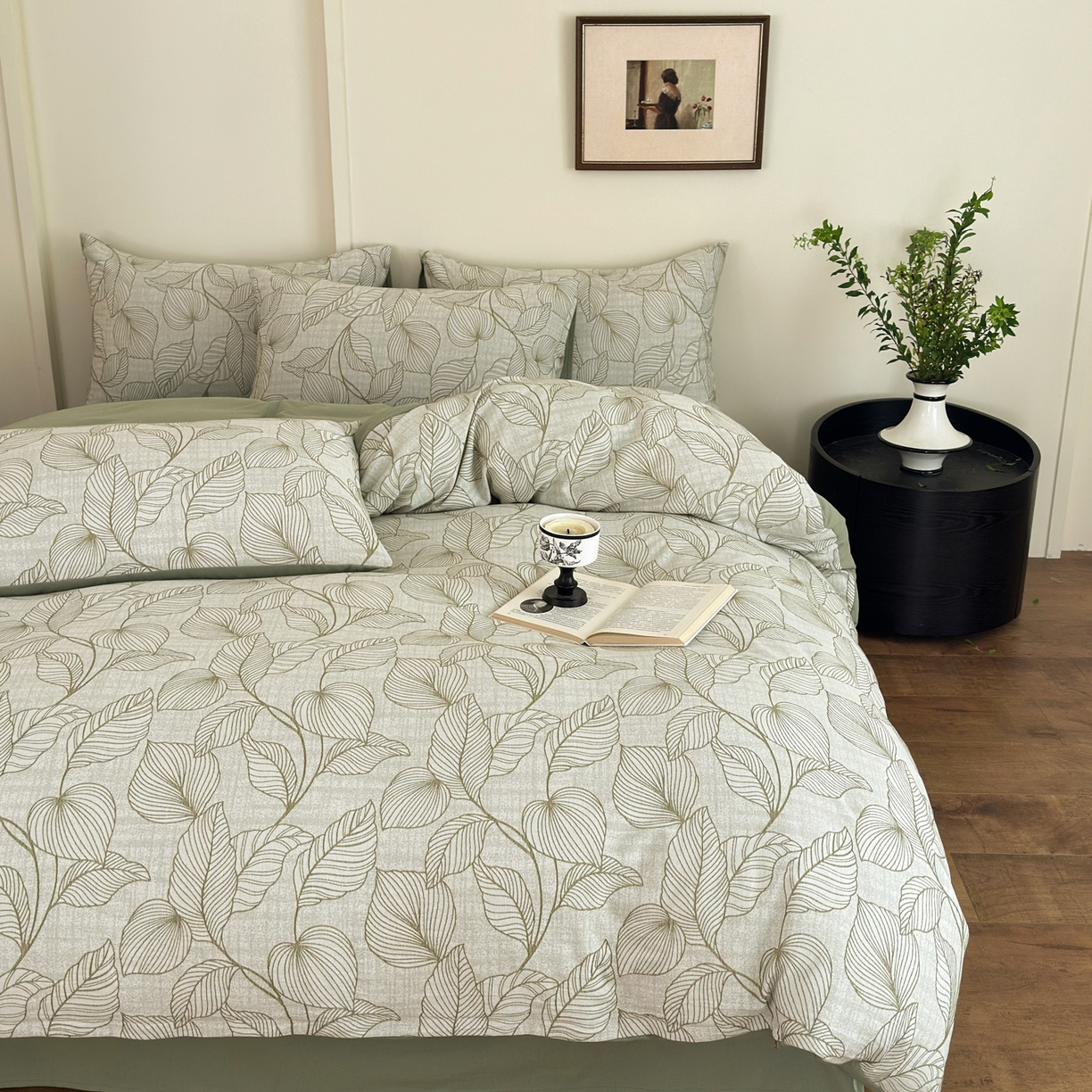 91家纺网 家纺一手货源 找家纺 小叮当家纺仓储工厂店 (买家秀 爆款花型 不断货)2025新款A类全棉纯棉加厚磨毛双层纱色织提花四件套 春亦果绿