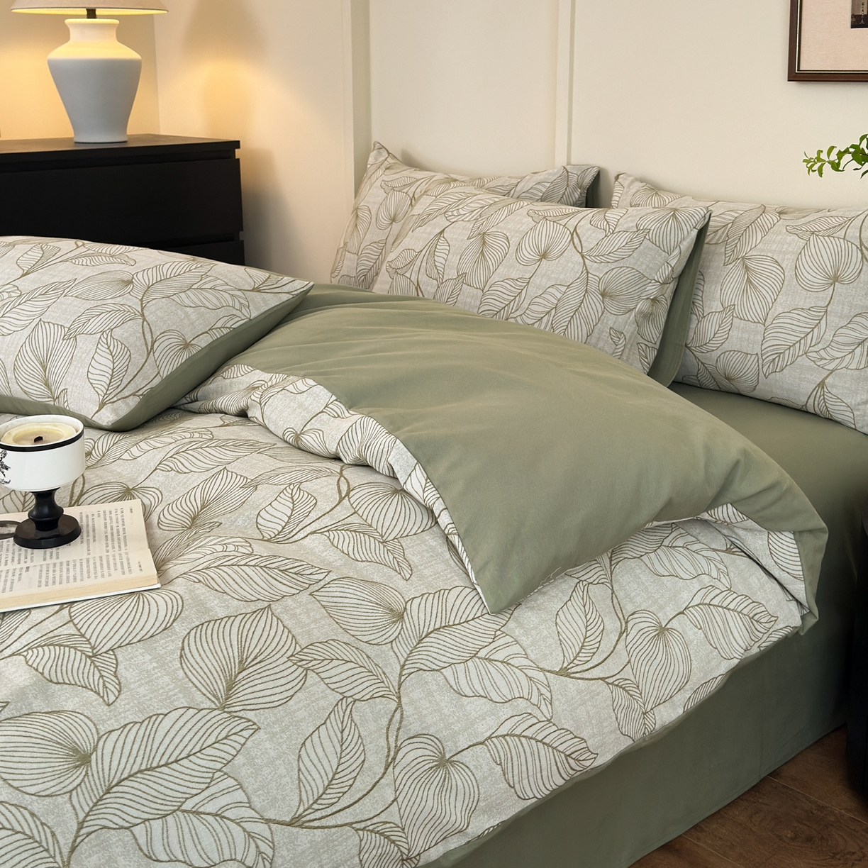 91家纺网 家纺一手货源 找家纺 小叮当家纺仓储工厂店 (买家秀 爆款花型 不断货)2025新款A类全棉纯棉加厚磨毛双层纱色织提花四件套 春亦果绿