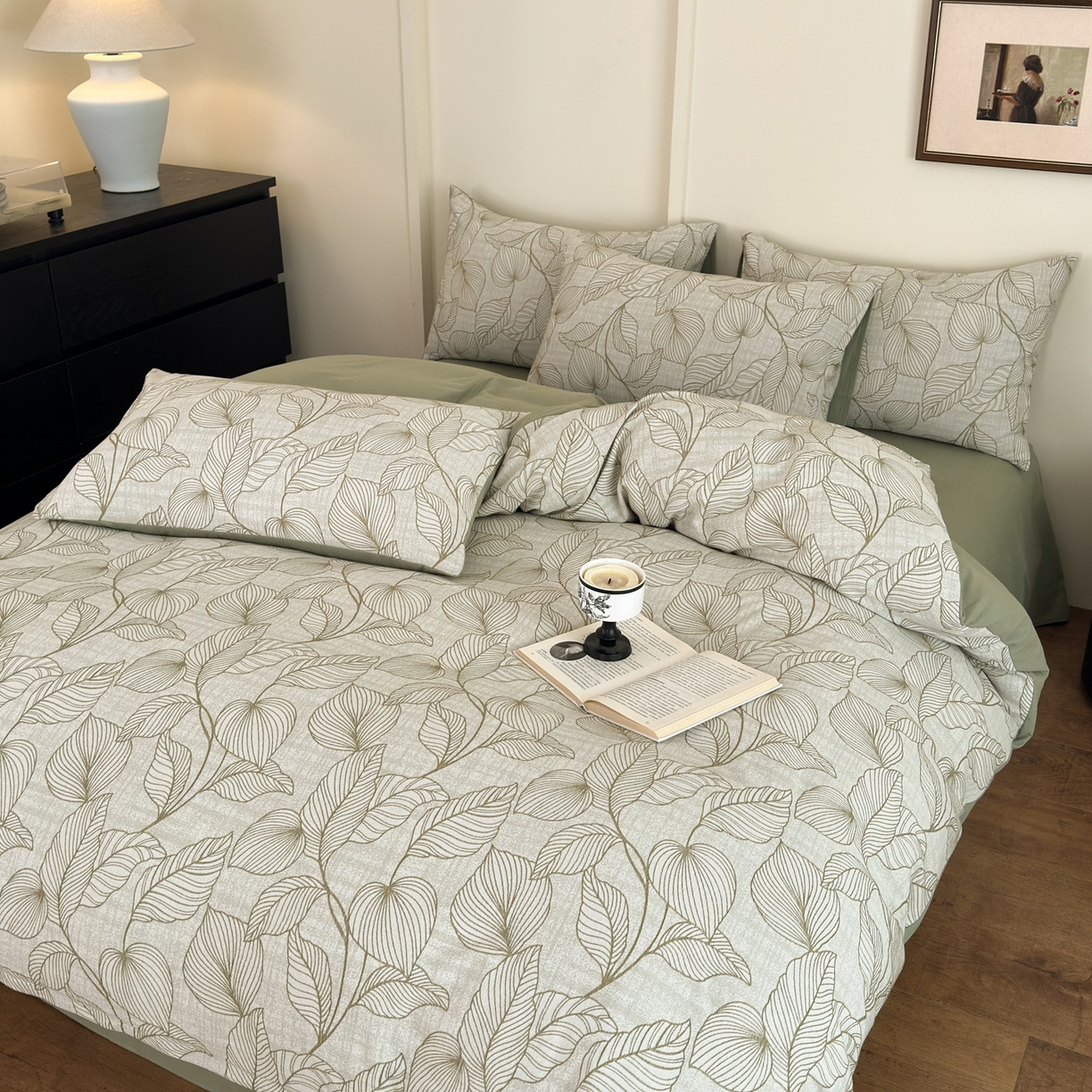 91家纺网 家纺一手货源 找家纺 小叮当家纺仓储工厂店 (买家秀 爆款花型 不断货)2025新款A类全棉纯棉加厚磨毛双层纱色织提花四件套 春亦果绿