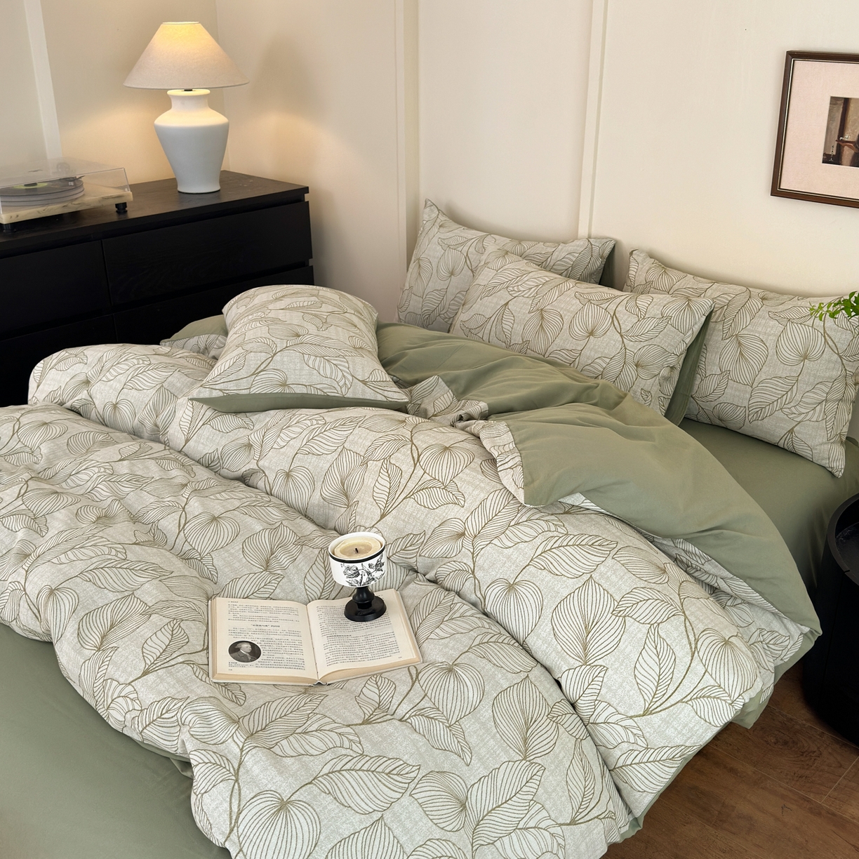 91家纺网 家纺一手货源 找家纺 小叮当家纺仓储工厂店 (买家秀 爆款花型 不断货)2025新款A类全棉纯棉加厚磨毛双层纱色织提花四件套 春亦果绿