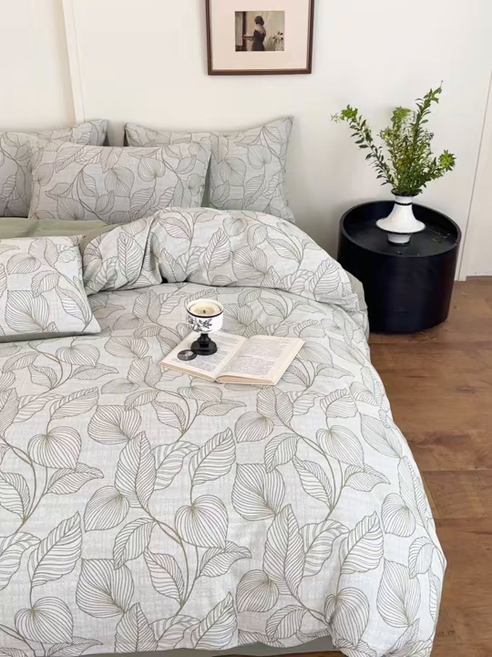 91家纺网 家纺一手货源 找家纺 小叮当家纺仓储工厂店 (买家秀 爆款花型 不断货)2025新款A类全棉纯棉加厚磨毛双层纱色织提花四件套 春亦果绿