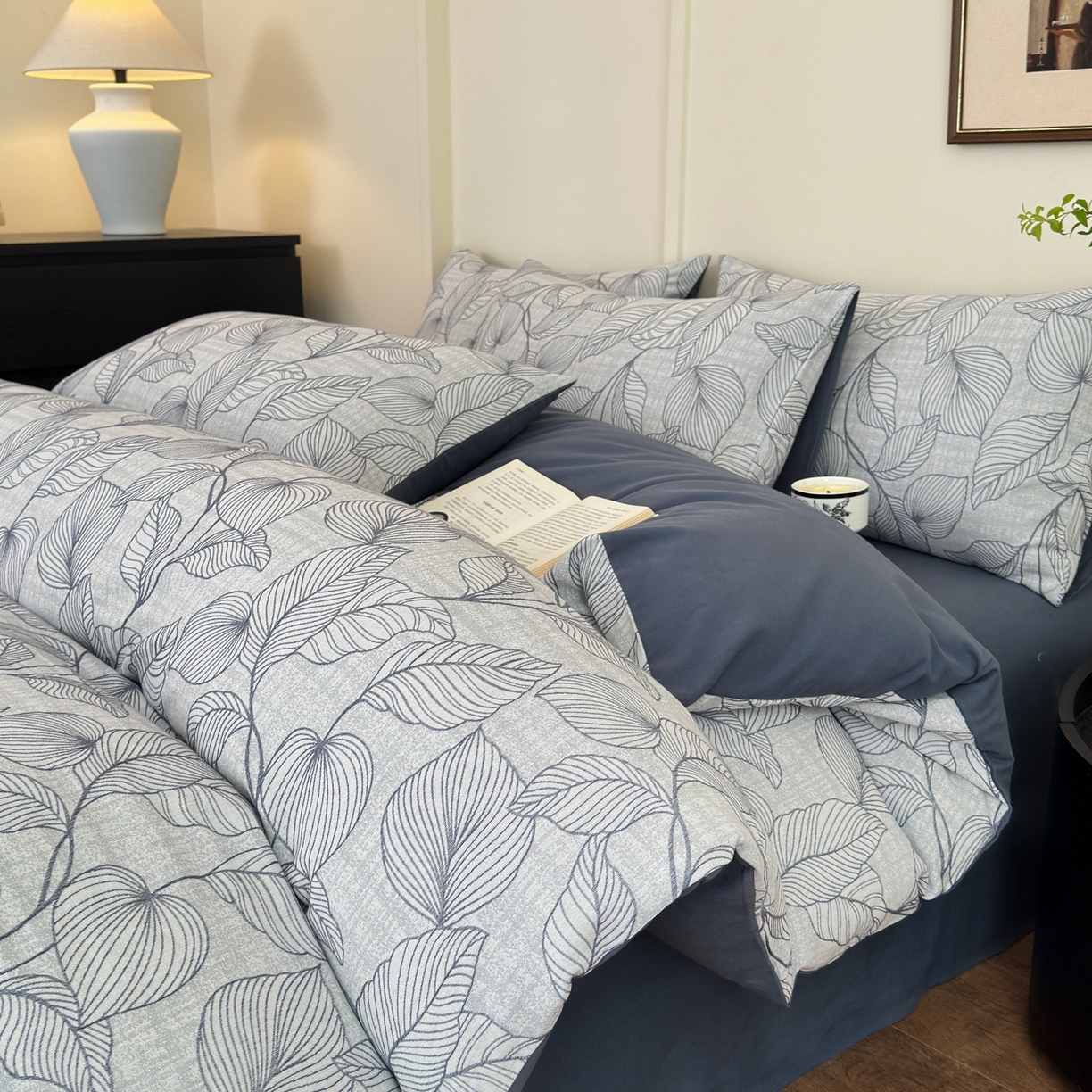 小叮当家纺仓储工厂店 (买家秀 爆款花型 不断货)2025新款A类全棉纯棉加厚磨毛双层纱色织提花四件套 春亦蓝