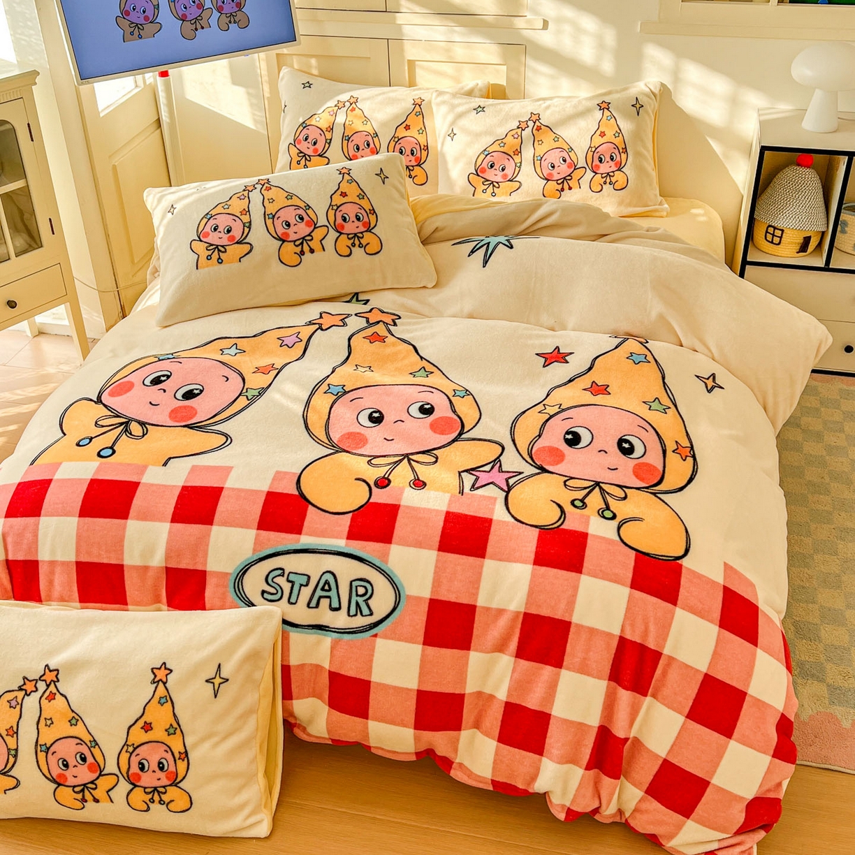 91家纺网 家纺一手货源 找家纺 （总）浩诚 2025新款高克重牛奶绒大版卡通四件套系列