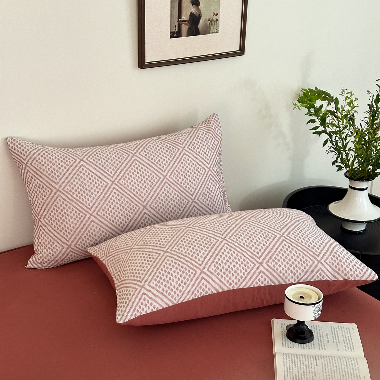 91家纺网 家纺一手货源 找家纺 小叮当家纺仓储工厂店 (买家秀 爆款花型 不断货)2025新款A类全棉纯棉加厚磨毛双层纱色织提花四件套 格心桔咖