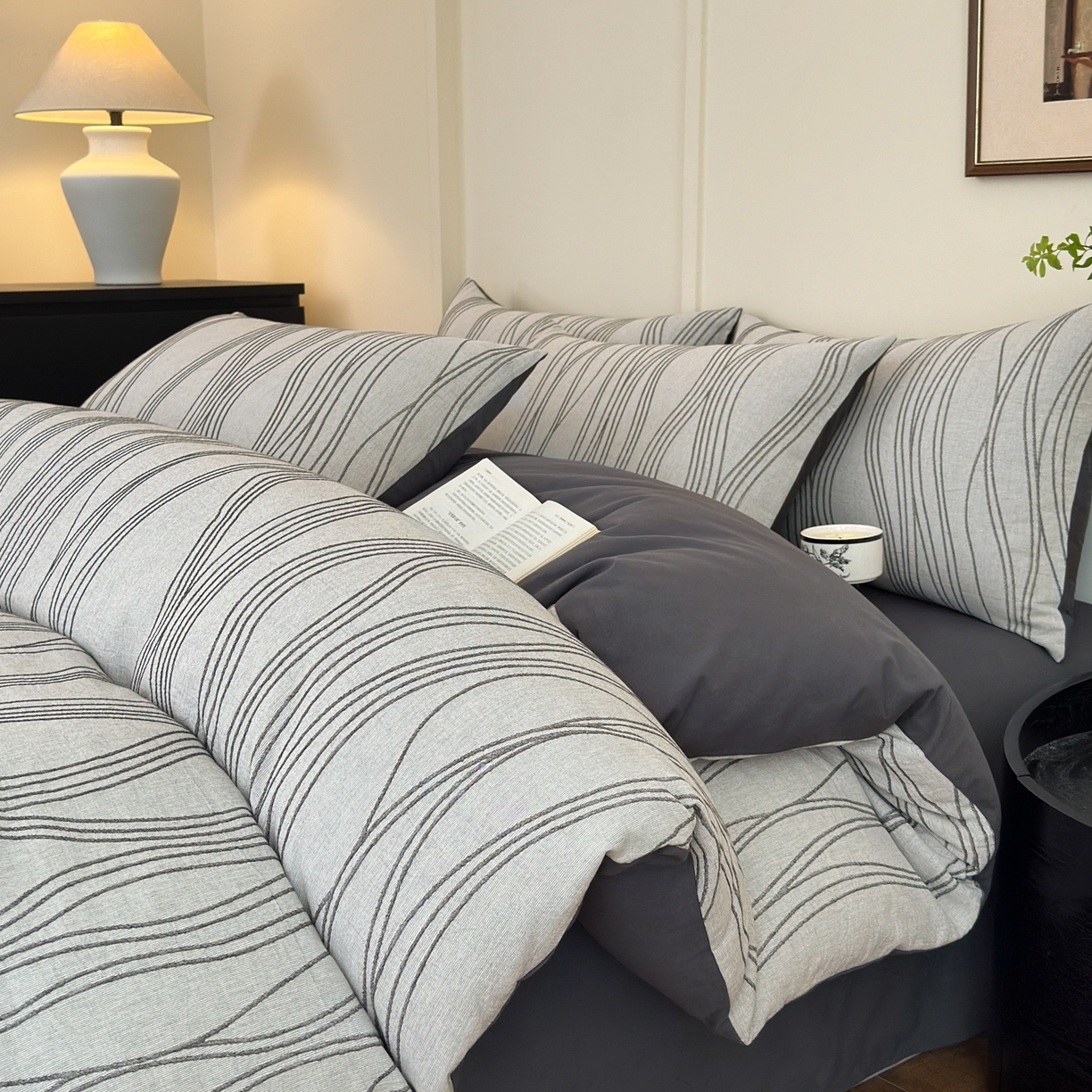 小叮当家纺仓储工厂店 (买家秀 爆款花型 不断货)2025新款A类全棉纯棉加厚磨毛双层纱色织提花四件套 流年灰