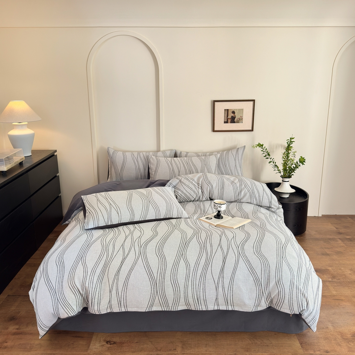 91家纺网 家纺一手货源 找家纺 小叮当家纺仓储工厂店 (买家秀 爆款花型 不断货)2025新款A类全棉纯棉加厚磨毛双层纱色织提花四件套 流年灰