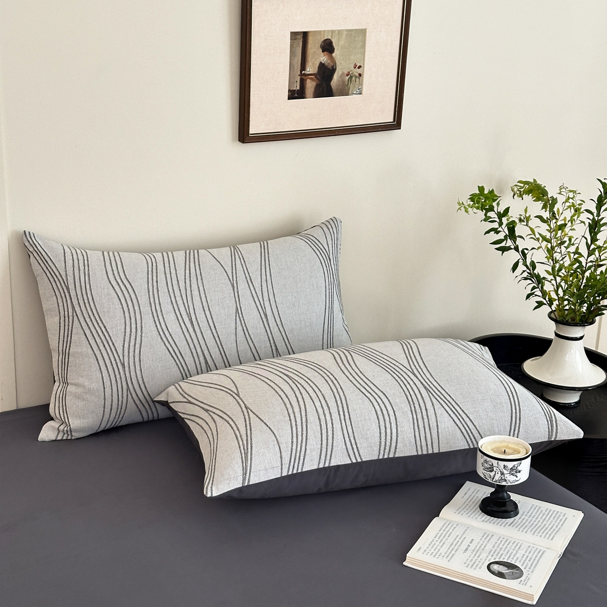 91家纺网 家纺一手货源 找家纺 小叮当家纺仓储工厂店 (买家秀 爆款花型 不断货)2025新款A类全棉纯棉加厚磨毛双层纱色织提花四件套 流年灰