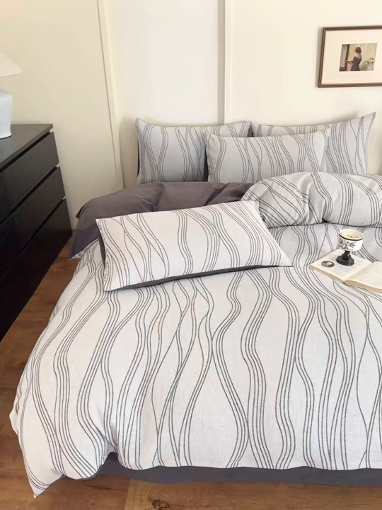 91家纺网 家纺一手货源 找家纺 小叮当家纺仓储工厂店 (买家秀 爆款花型 不断货)2025新款A类全棉纯棉加厚磨毛双层纱色织提花四件套 流年灰