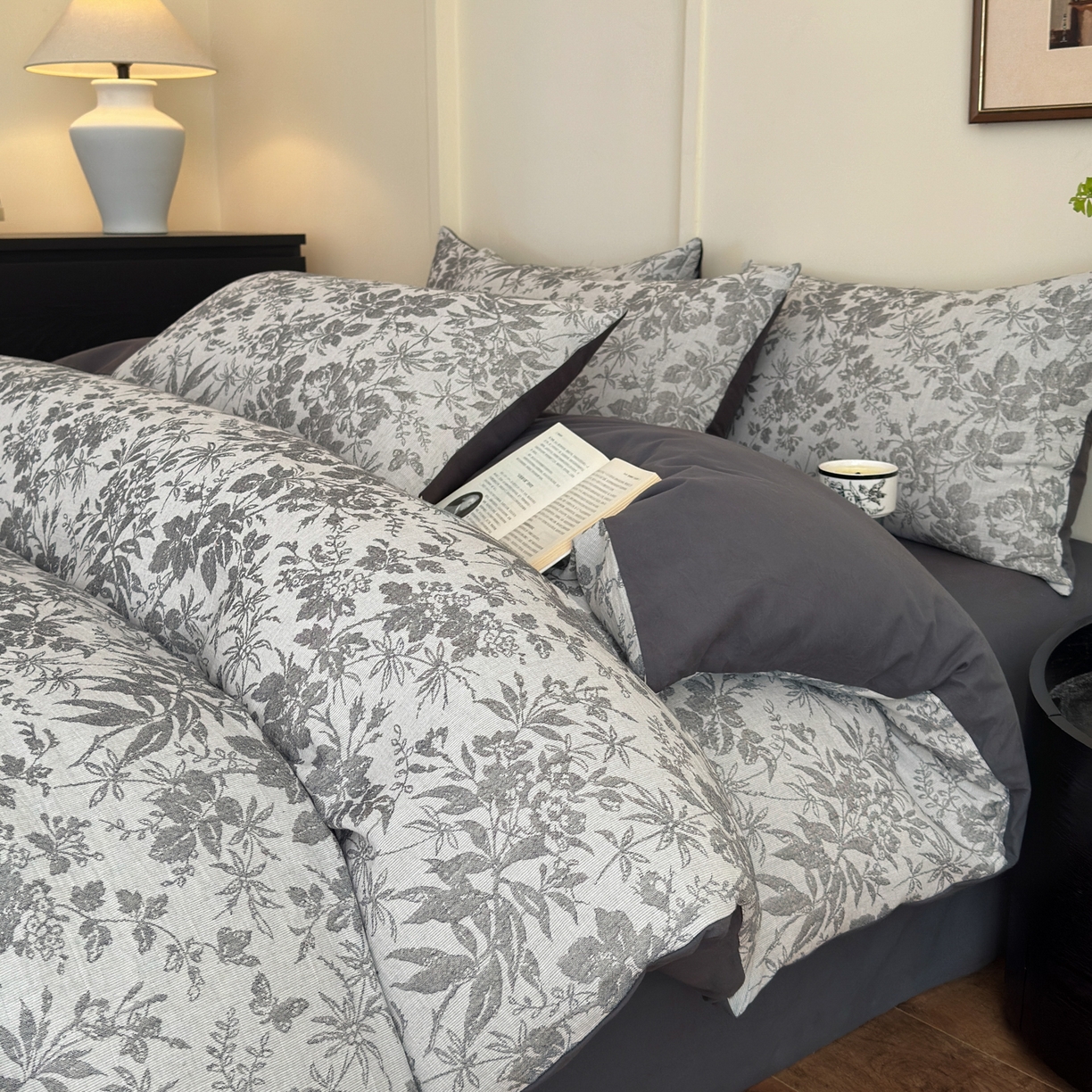 小叮当家纺仓储工厂店 (买家秀 爆款花型 不断货)2025新款A类全棉纯棉加厚磨毛双层纱色织提花四件套 雪月灰