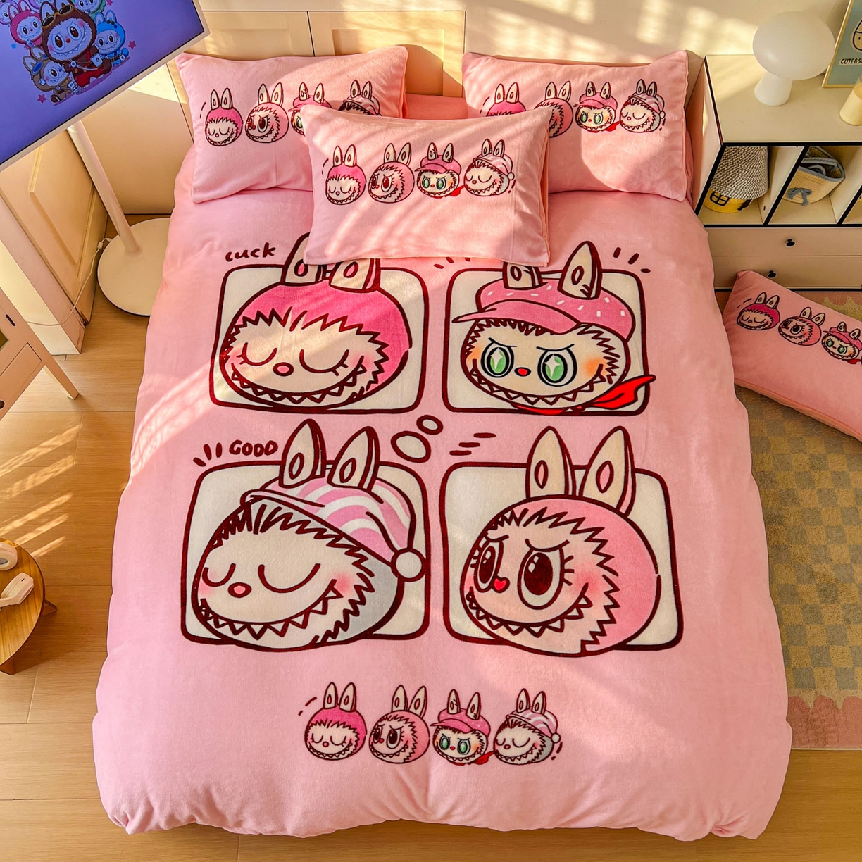 91家纺网 家纺一手货源 找家纺 浩诚 2025新款高克重牛奶绒大版卡通四件套系列 粉色布布