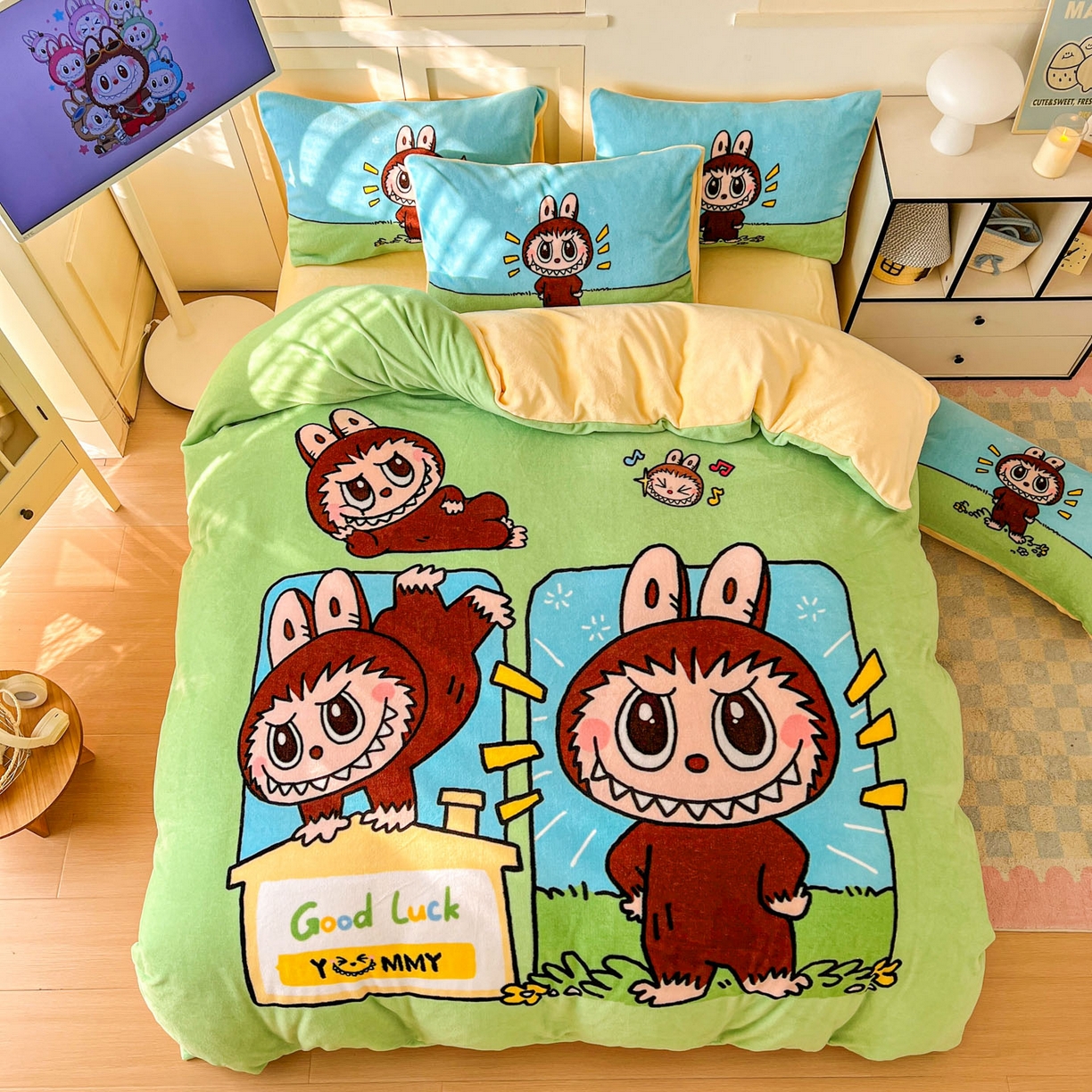 91家纺网 家纺一手货源 找家纺 浩诚 2025新款高克重牛奶绒大版卡通四件套系列 拉布拉布