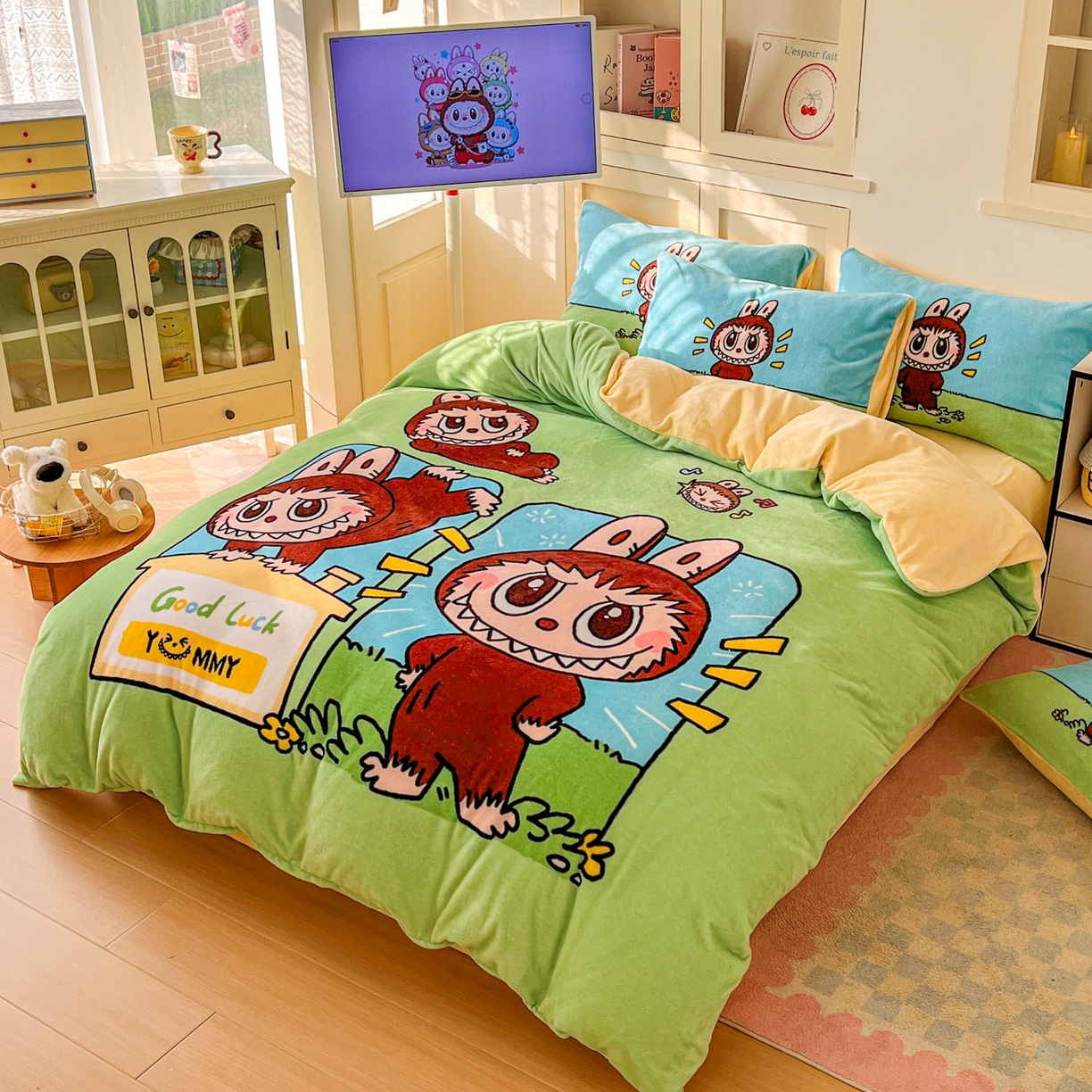 91家纺网 家纺一手货源 找家纺 浩诚 2025新款高克重牛奶绒大版卡通四件套系列 拉布拉布