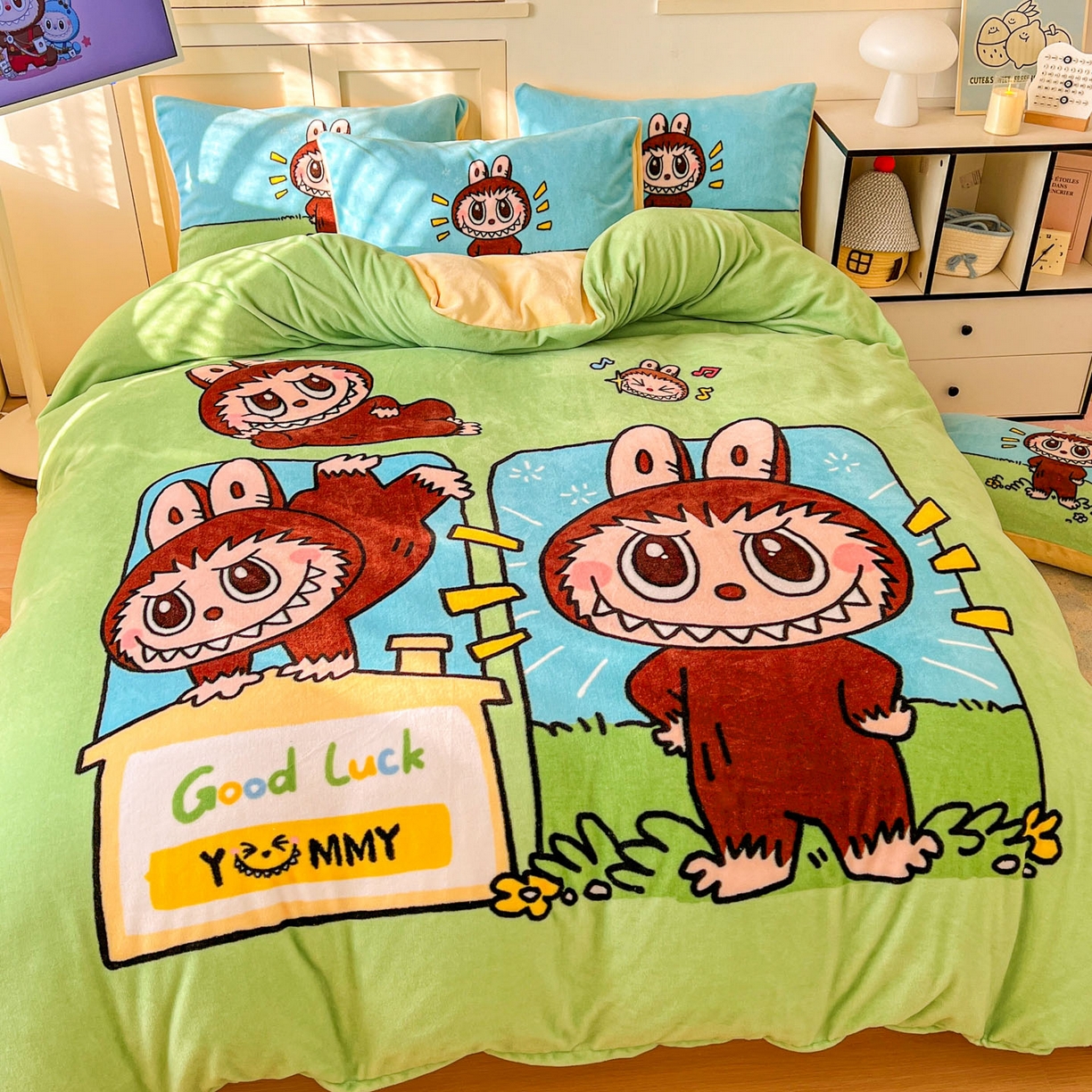 91家纺网 家纺一手货源 找家纺 浩诚 2025新款高克重牛奶绒大版卡通四件套系列 拉布拉布